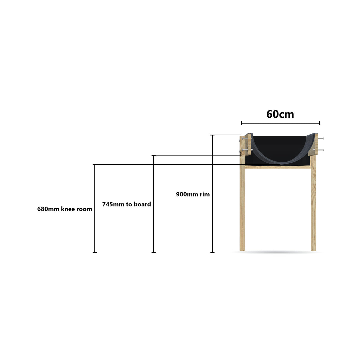 Wheelchair Accessible Raised Garden Bed, end-on section showing 680mm knee room under the tub, 745mm to the top board and 900mm rim height