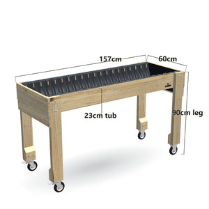 Wheelchair Accessible Raised Garden Bed on Wheels - 90cm high, 23cm tub - 157 x 60 x 90cm, dimensions labelled