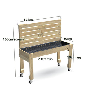 Wheelchair Accessible Raised Garden Bed with Privacy Screen 1.6m and Wheels - 90cm high, 23cm tub, 160cm screen - 157 x 60 x 160cm, dimensions labelled