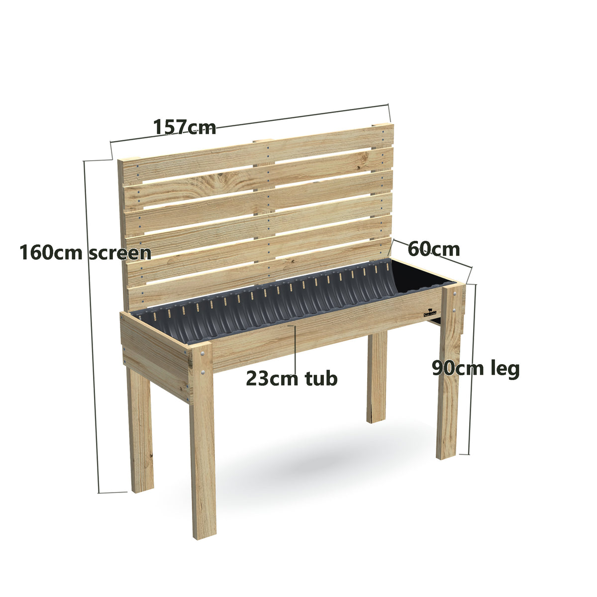 Wheelchair Accessible Raised Garden Bed with Privacy Screen 1.6m - 90cm high, 23cm tub, 160cm screen - 157 x 60 x 160cm, dimensions labelled