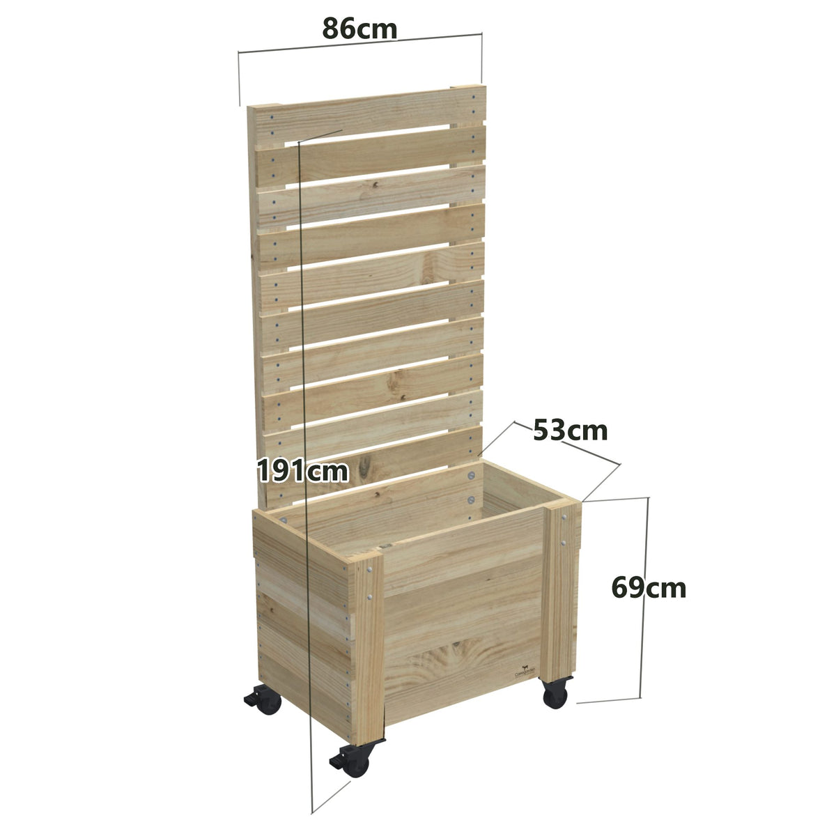 Privacy Screen Planter Box, 2 Pot (86cm) / Tall (1.8m) / With Castors — timber planter box, dimensions labelled