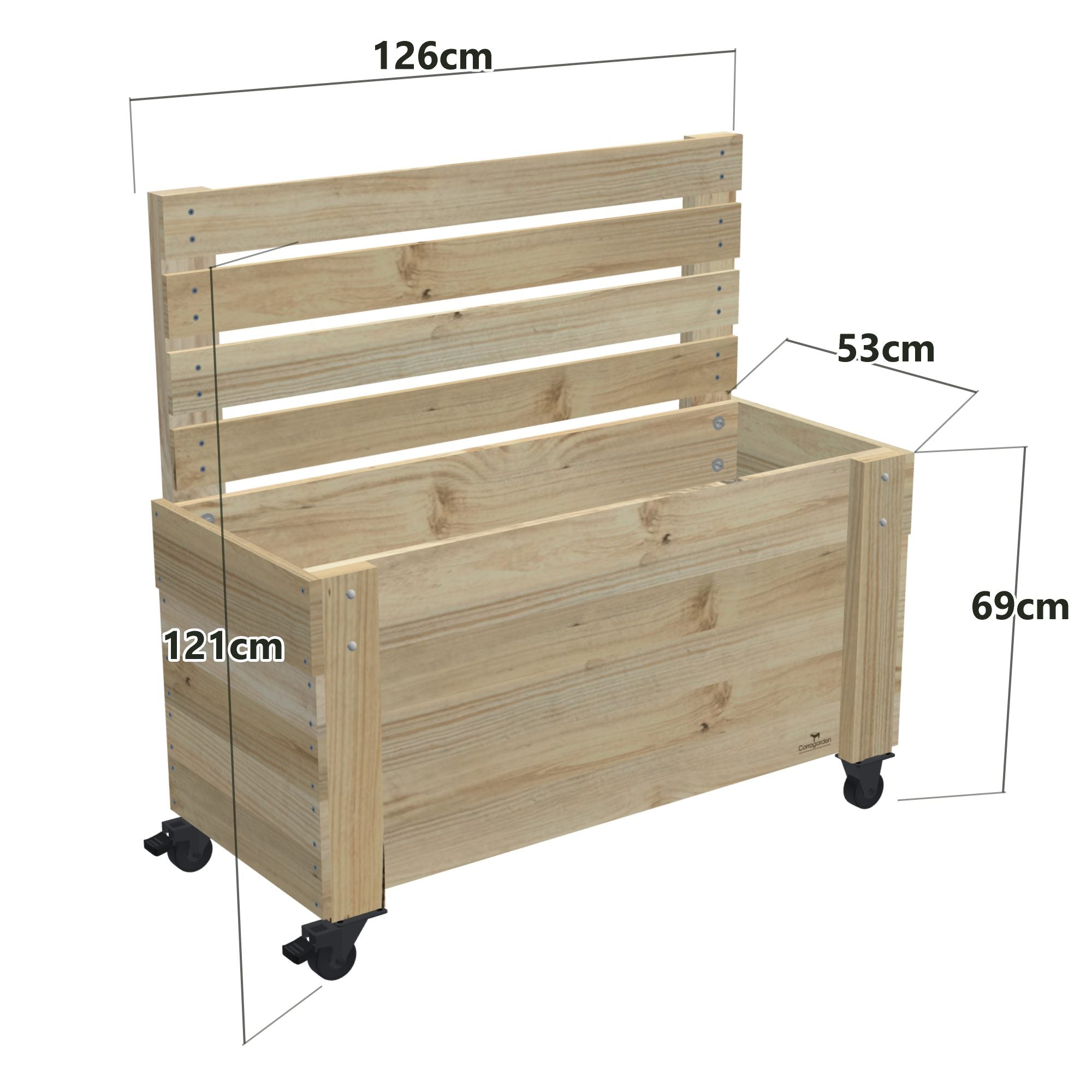 Privacy Screen Planter Box, 3 Pot (126cm) / Cafe Barrier (1.1m) / With Castors — timber planter box, dimensions labelled