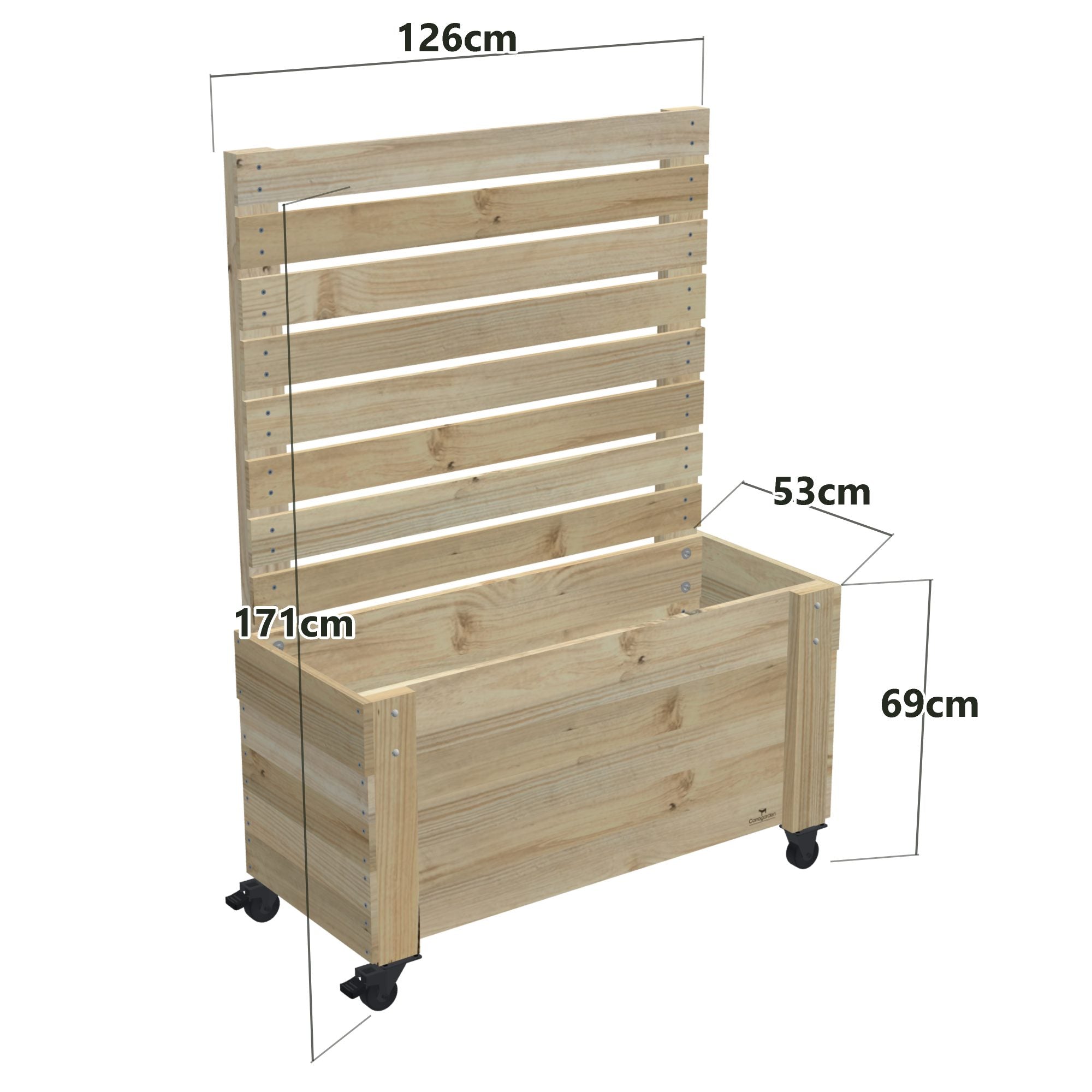 Privacy Screen Planter Box, 3 Pot (126cm) / Privacy (1.6m) / With Castors — timber planter box, dimensions labelled