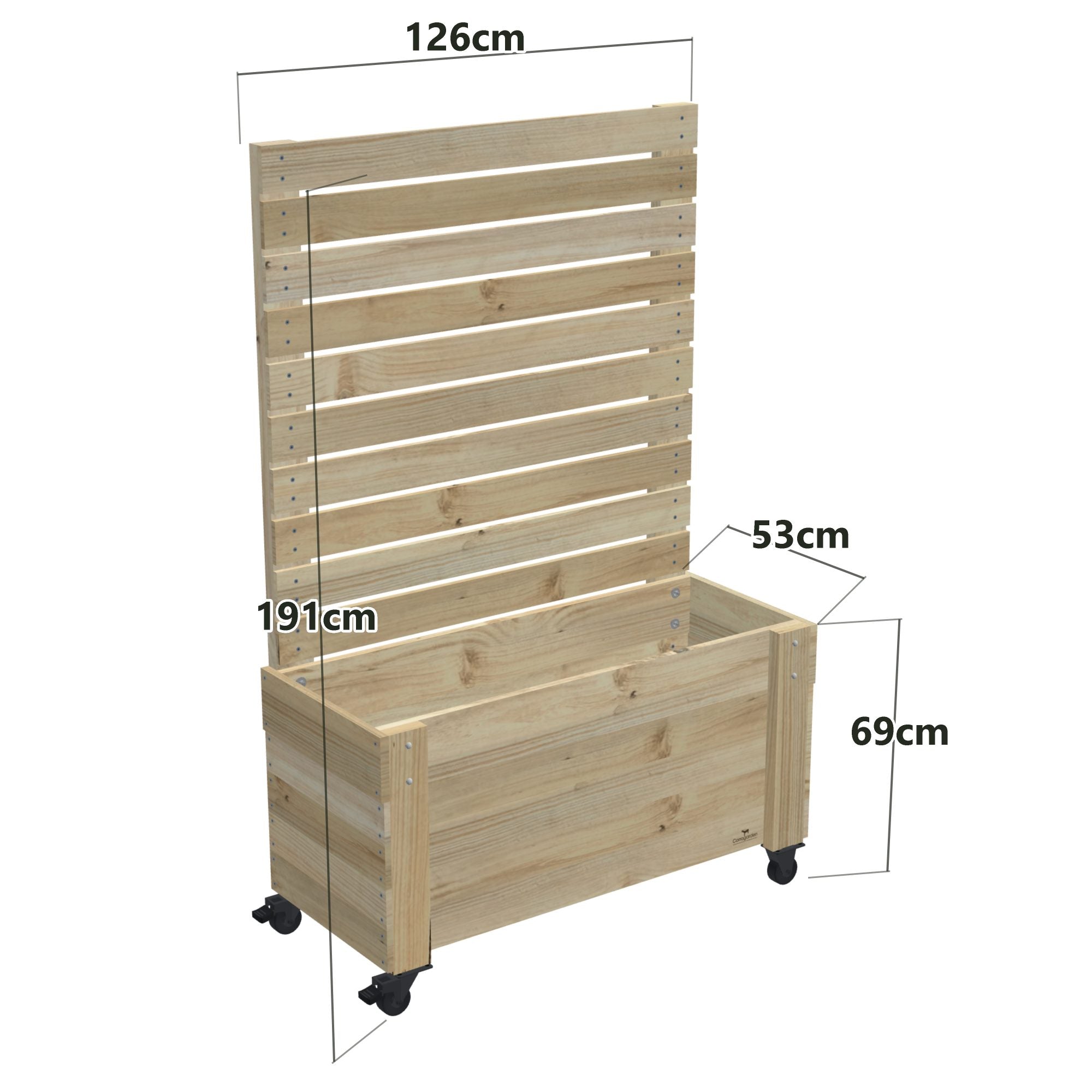 Privacy Screen Planter Box, 3 Pot (126cm) / Tall (1.8m) / With Castors — timber planter box, dimensions labelled