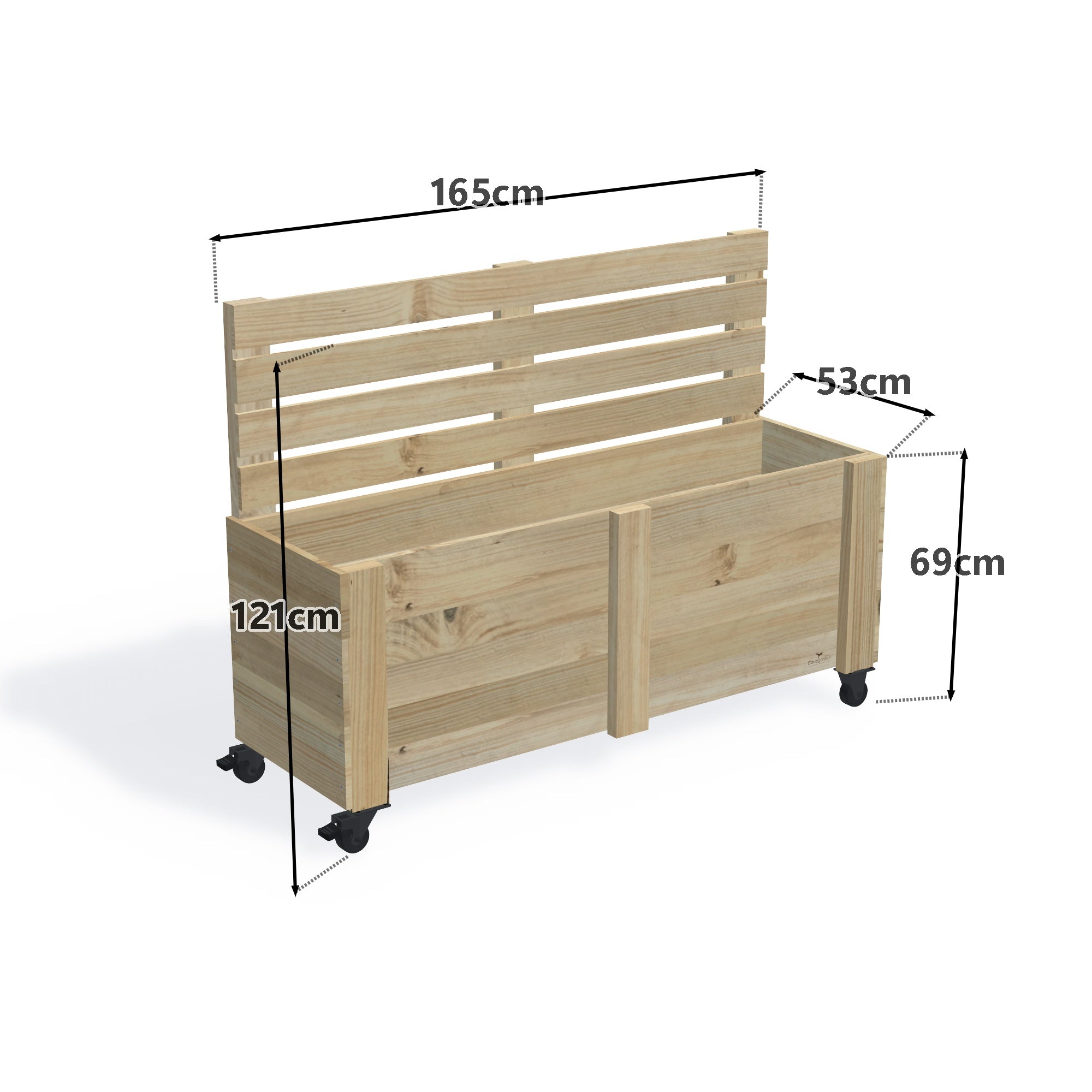 Privacy Screen Planter Box (draft), 4 Pot (165cm) / Cafe Barrier (1.1m) / With Castors — timber planter boxe, dimensions labelled