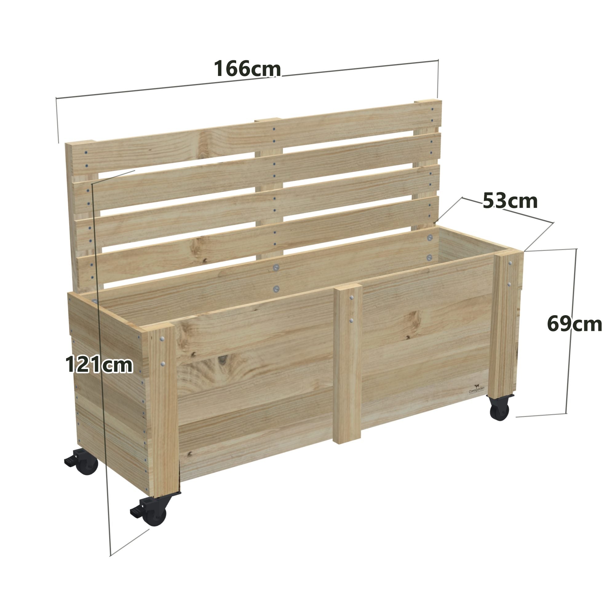 Privacy Screen Planter Box, 4 Pot (166cm) / Cafe Barrier (1.1m) / With Castors — timber planter box, dimensions labelled