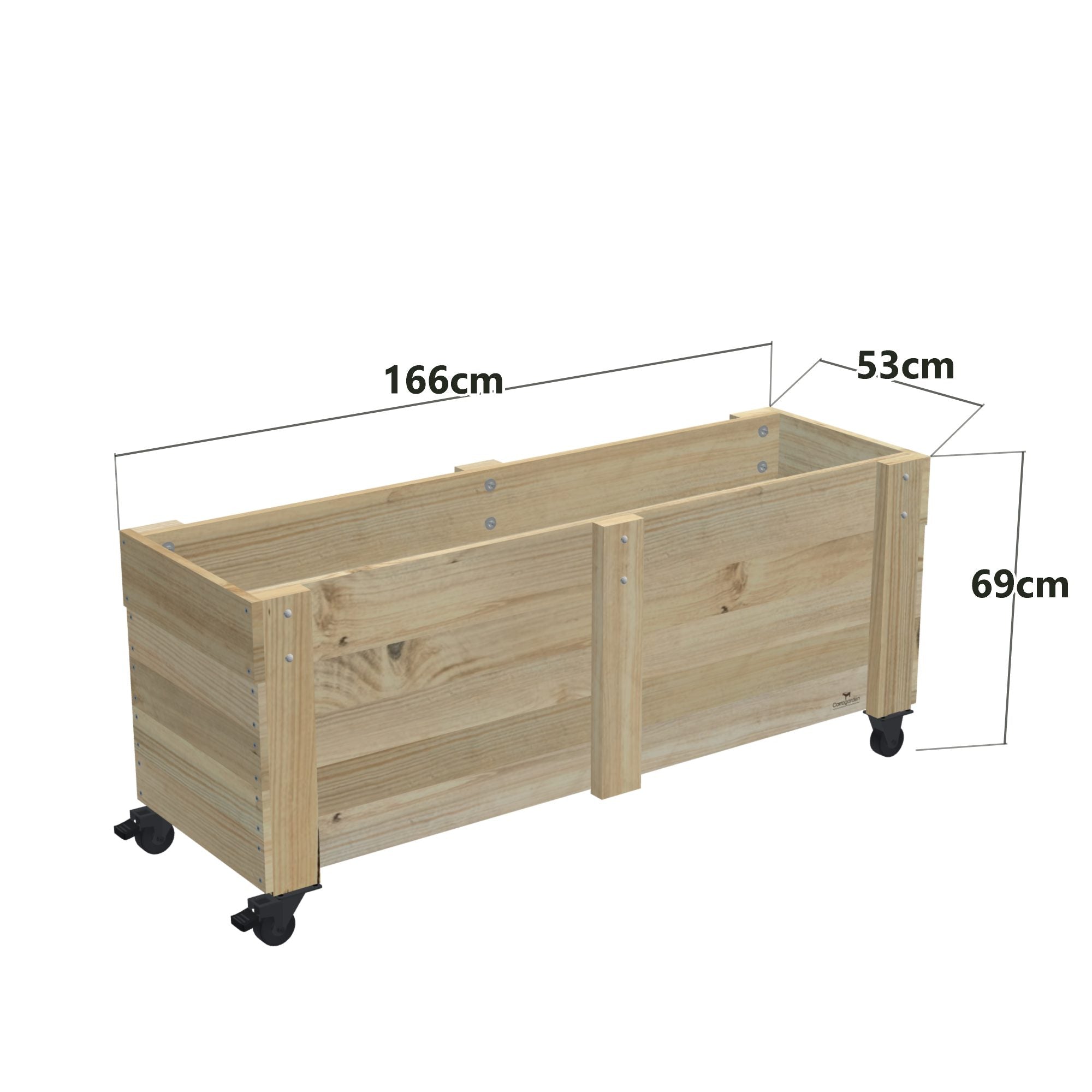 Privacy Screen Planter Box, 4 Pot (166cm) / No Screen (58cm) / With Castors — timber planter box, dimensions labelled
