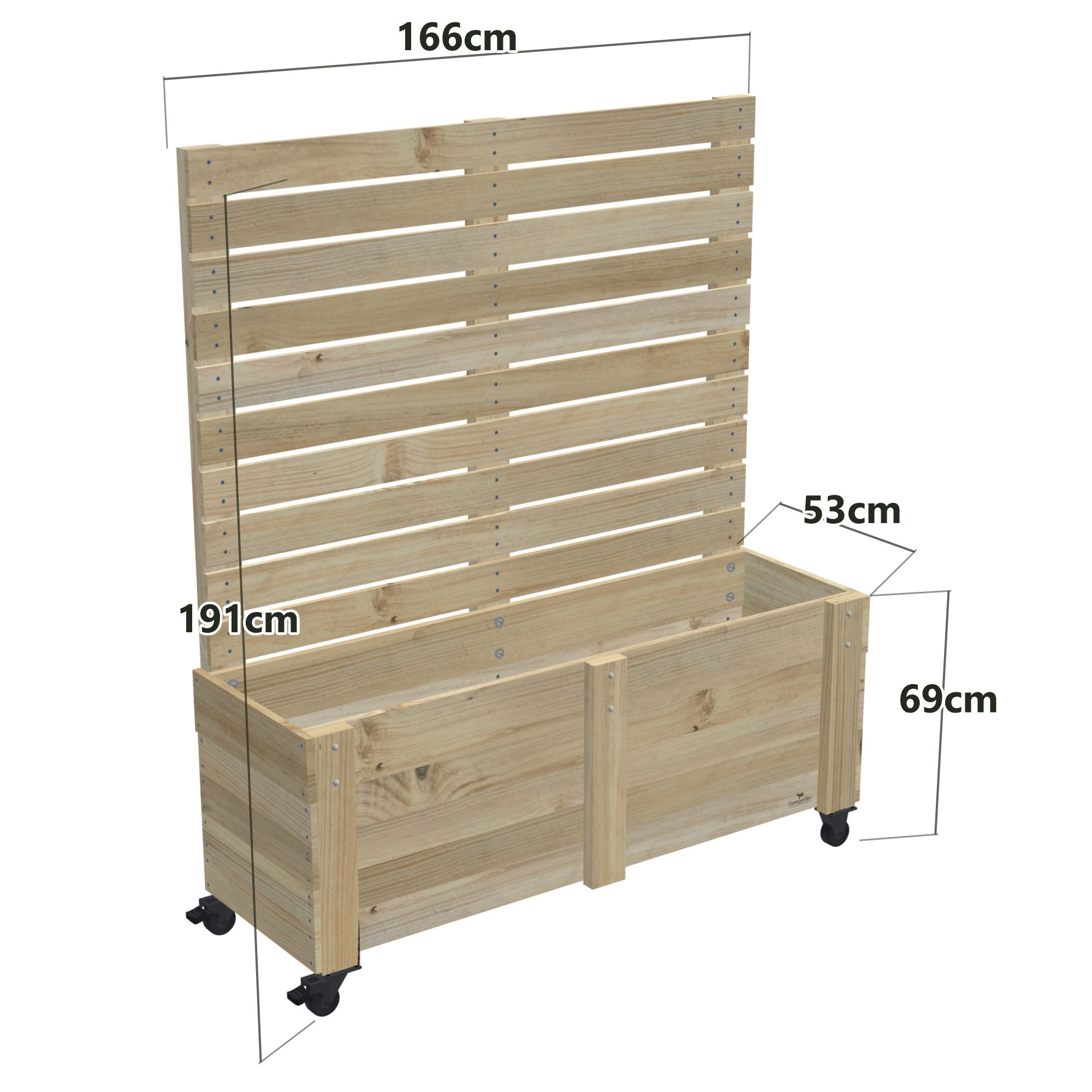 Privacy Screen Planter Box, 4 Pot (166cm) / Tall (1.8m) / With Castors — timber planter box, dimensions labelled