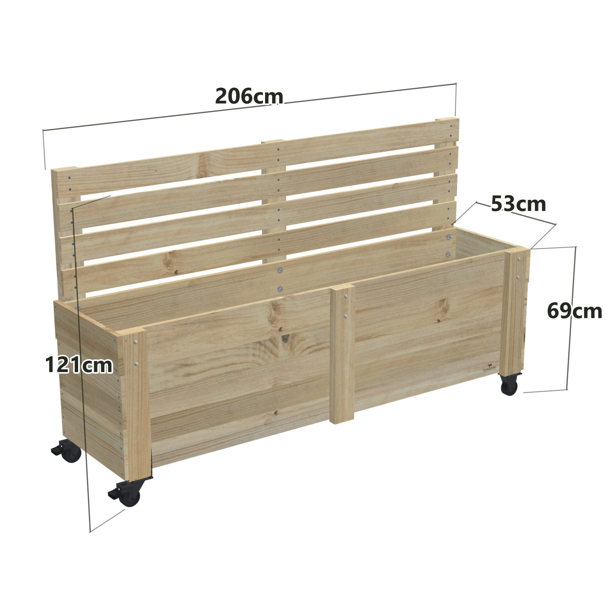 Privacy Screen Planter Box, 5 Pot (206cm) / Cafe Barrier (1.1m) / With Castors — timber planter box, dimensions labelled
