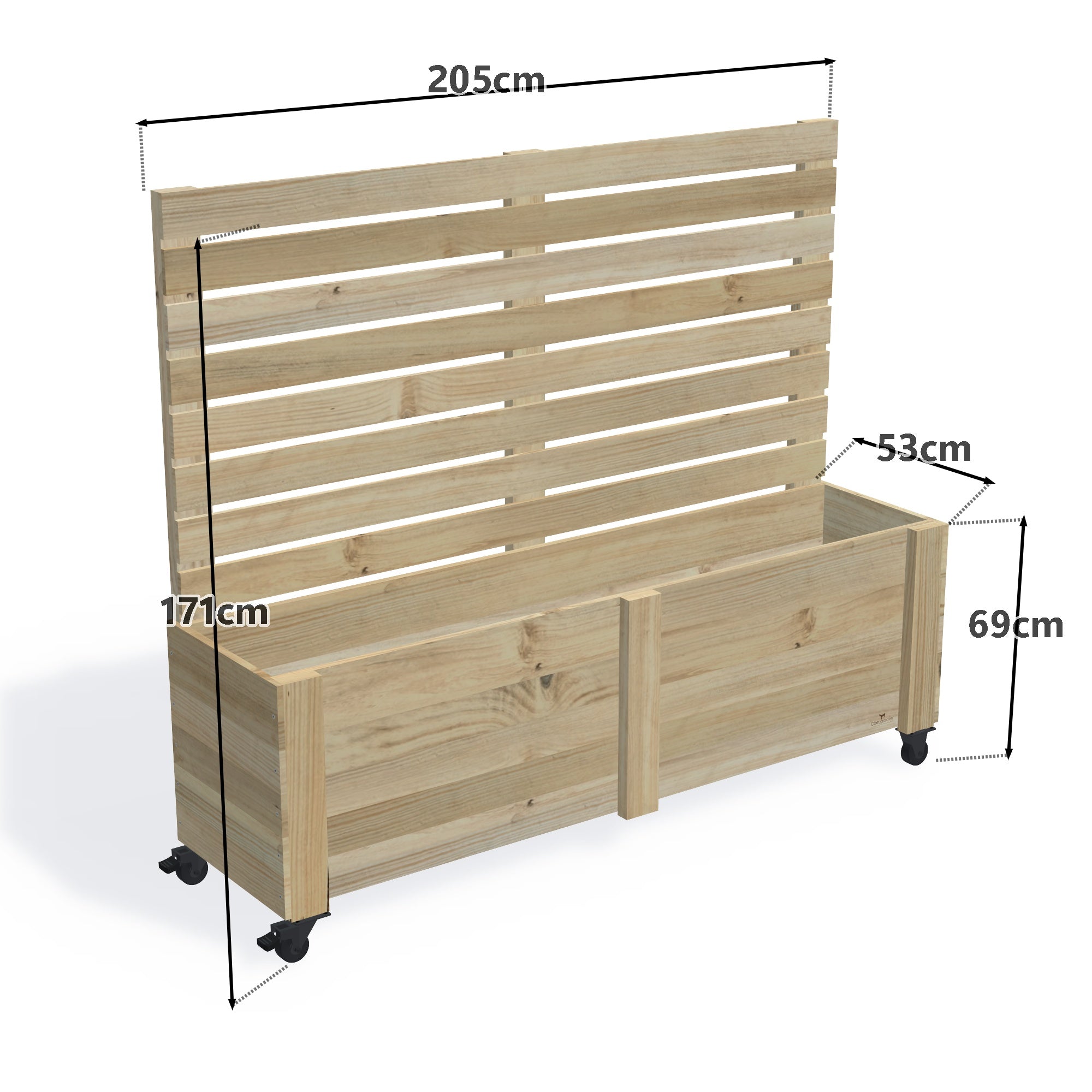 Privacy Screen Planter Box (draft), 5 Pot (205cm) / Privacy (1.6m) / With Castors — timber planter boxe, dimensions labelled