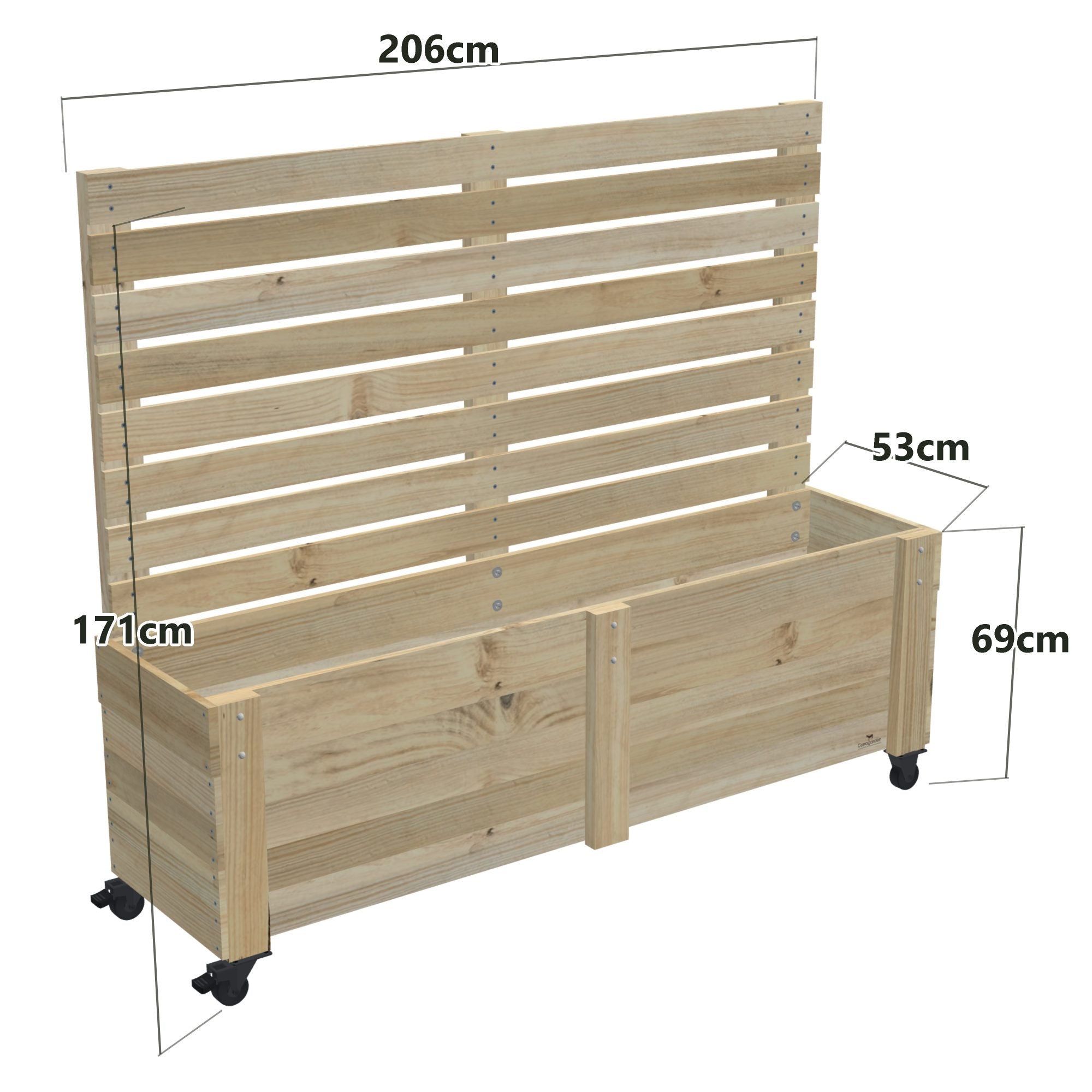 Privacy Screen Planter Box, 5 Pot (206cm) / Privacy (1.6m) / With Castors — timber planter box, dimensions labelled
