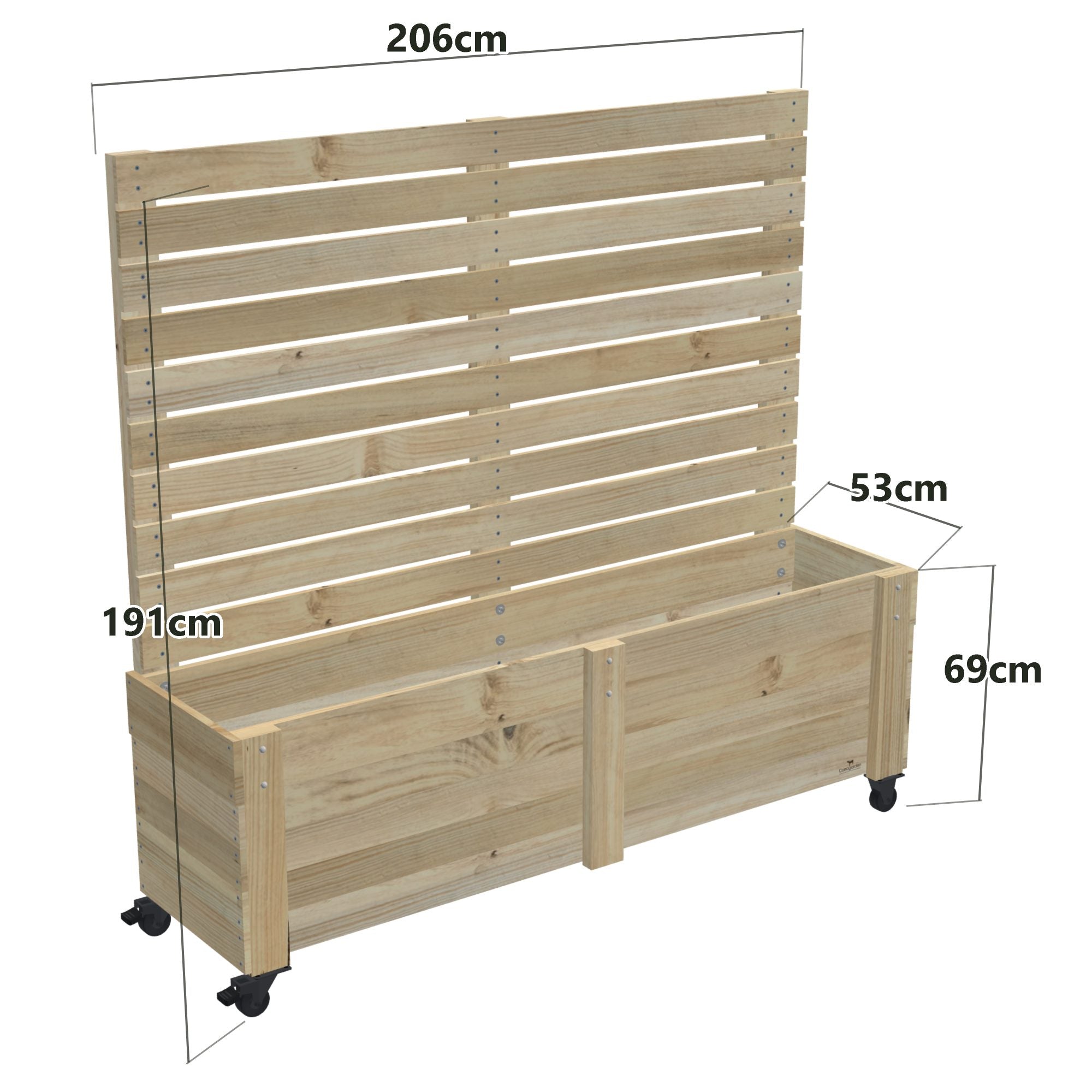 Privacy Screen Planter Box, 5 Pot (206cm) / Tall (1.8m) / With Castors — timber planter box, dimensions labelled