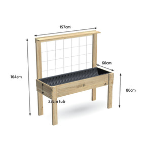 Large timber raised garden bed with growing mesh trellis and pot shelf, 157 x 60 x 80 cm, 23cm deep tub, dimensions labelled