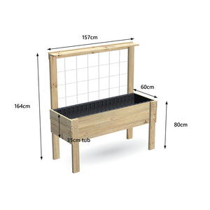 Large timber raised garden bed with growing mesh trellis and pot shelf, 157 x 60 x 80 cm, 35cm deep tub, dimensions labelled