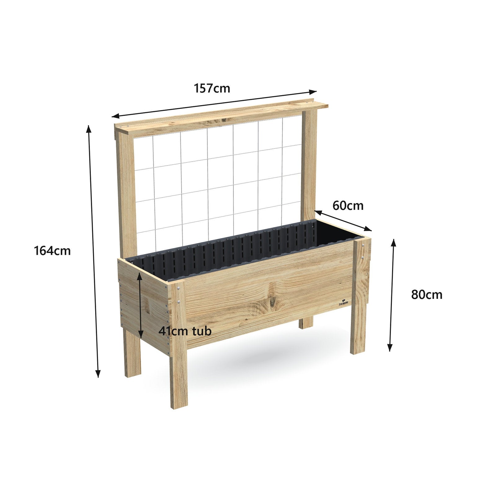 Large timber raised garden bed with growing mesh trellis and pot shelf, 157 x 60 x 80 cm, 41cm deep tub, dimensions labelled