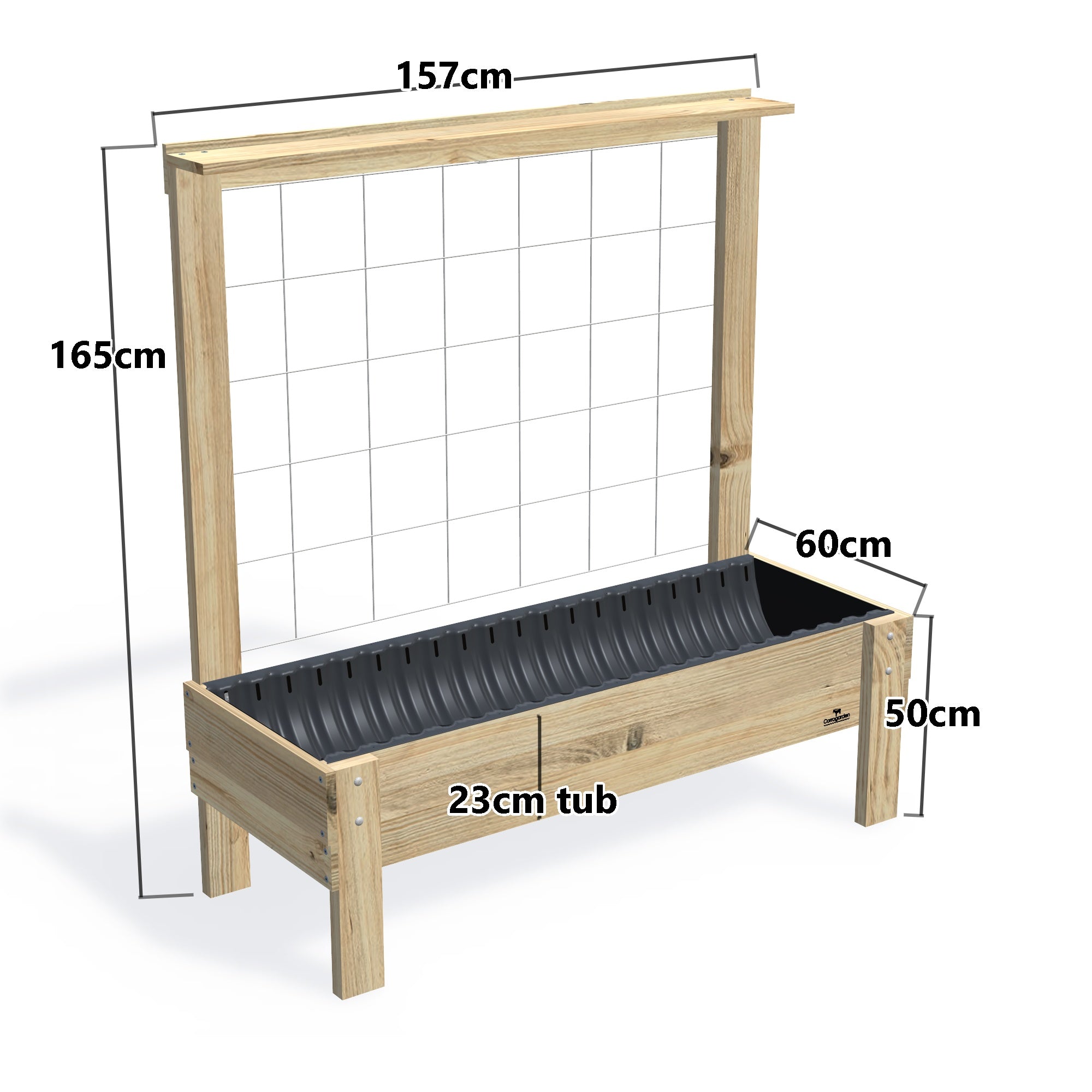 LARGE Planter Box with Trellis & Pot Shelf, 23cm — timber garden bed, dimensions labelled