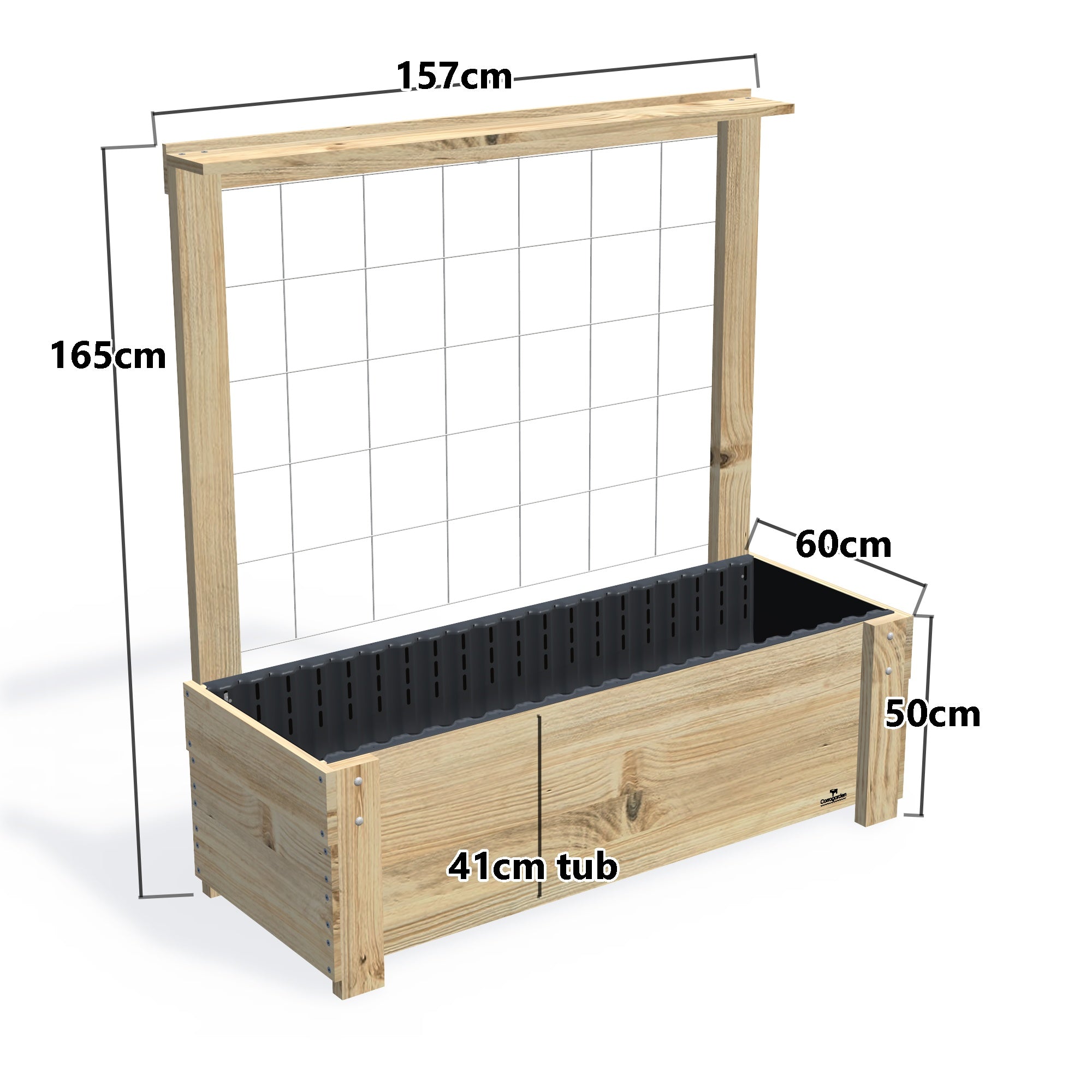 LARGE Planter Box with Trellis & Pot Shelf, 41cm — timber garden bed, dimensions labelled