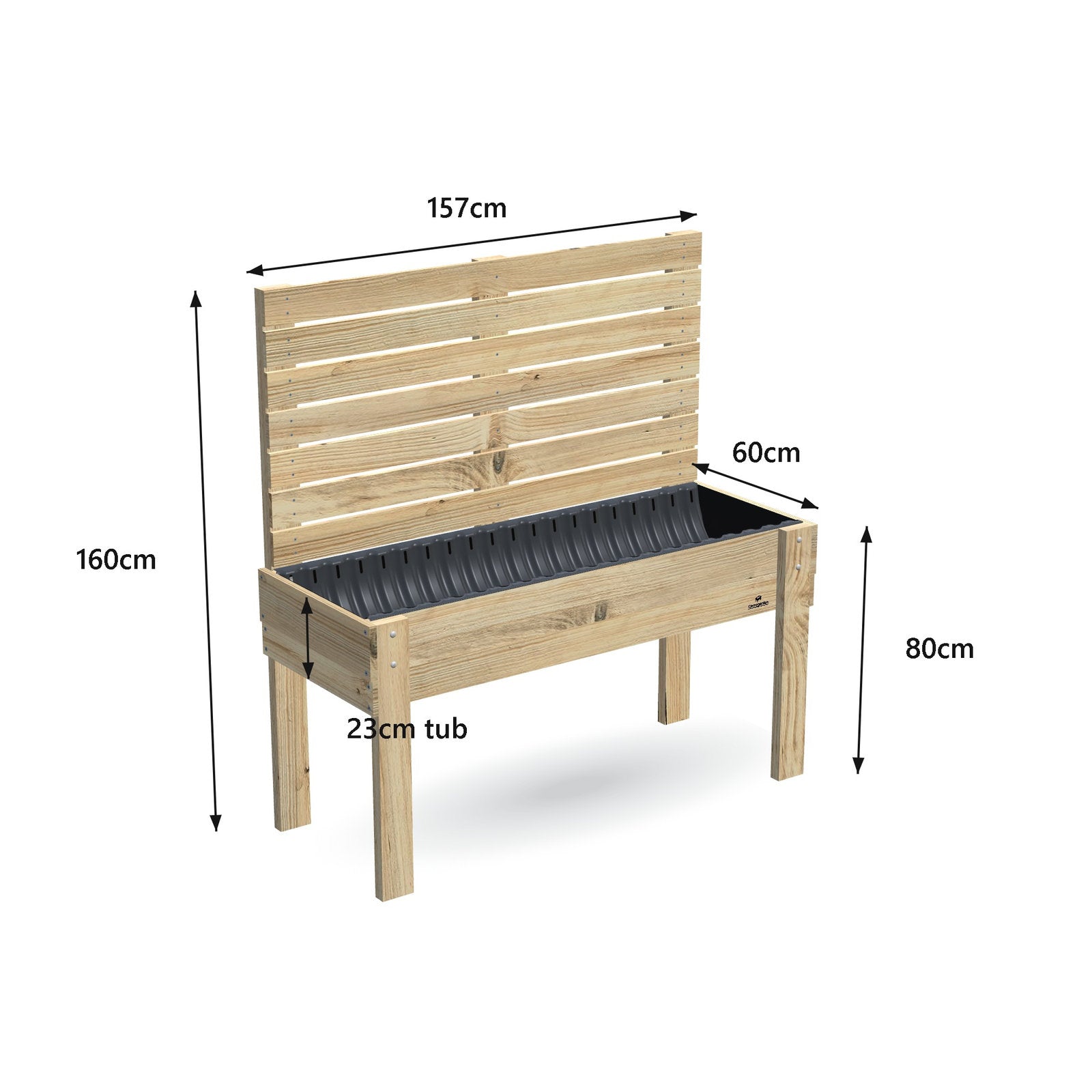 Large timber raised garden bed with 1.6m timber privacy screen, 157 x 60 x 80 cm, 23cm deep tub, dimensions labelled