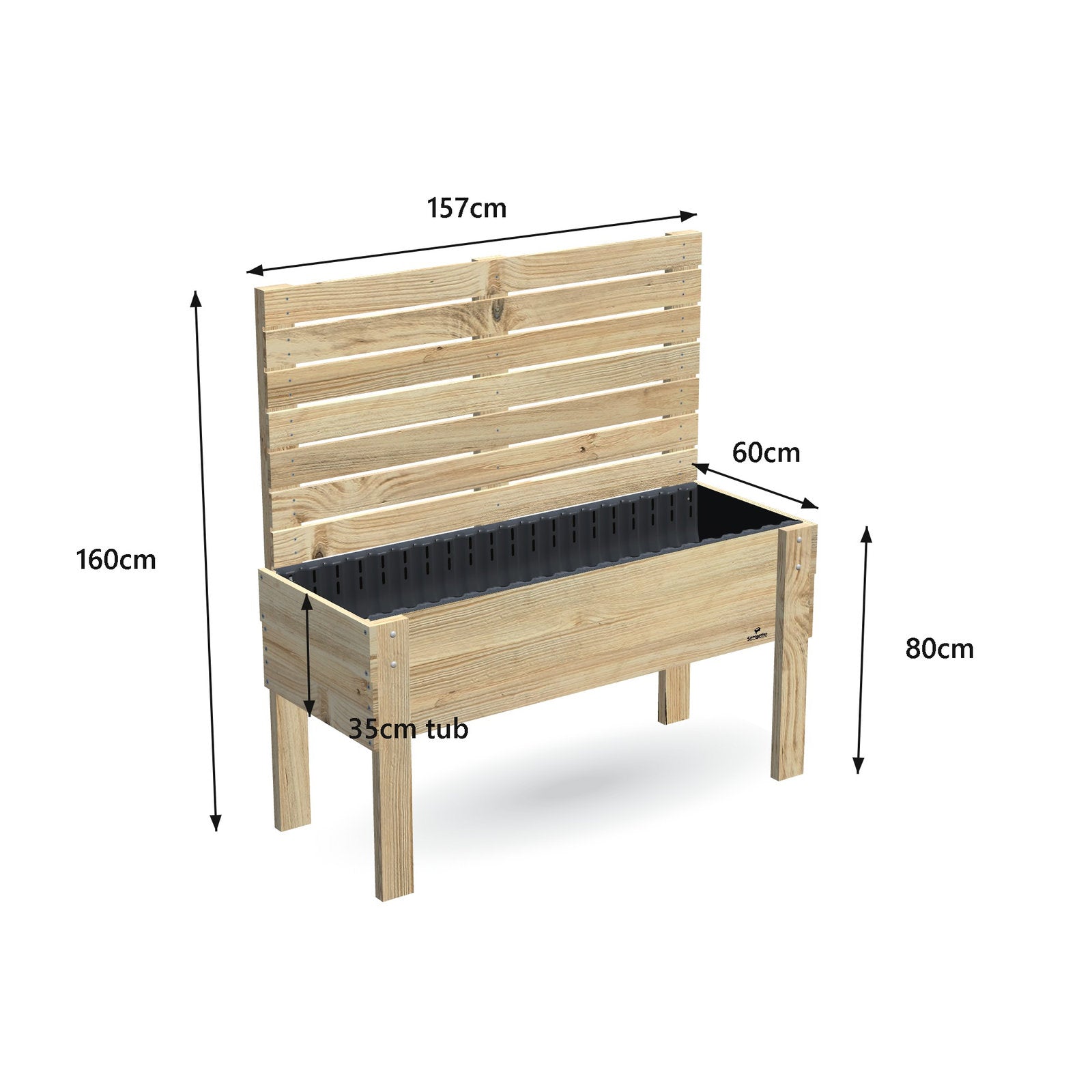 Large timber raised garden bed with 1.6m timber privacy screen, 157 x 60 x 80 cm, 35cm deep tub, dimensions labelled