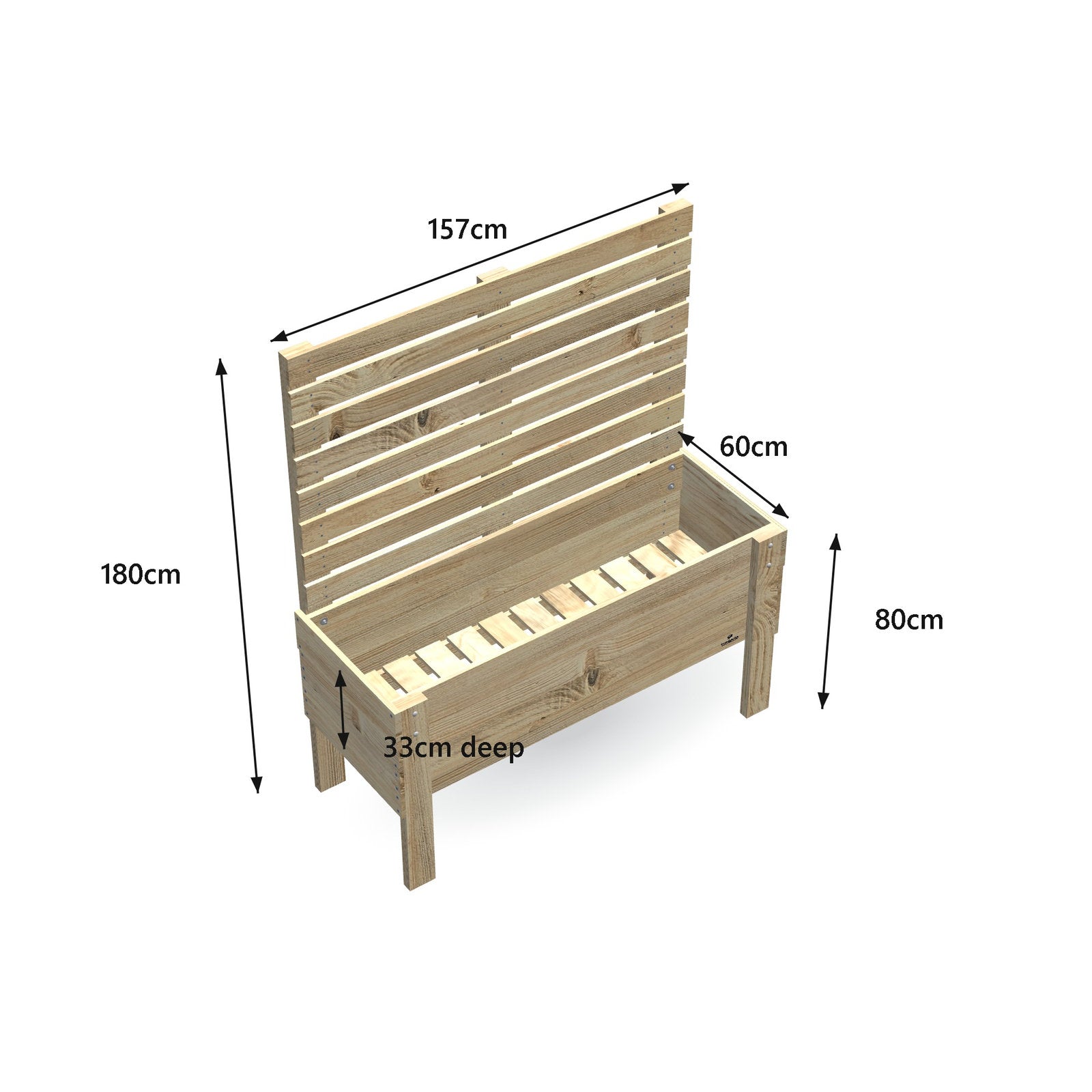 Large timber raised garden bed with 1.8m timber privacy screen, 157 x 60 x 80 cm, 33cm slatted base pot display, dimensions labelled