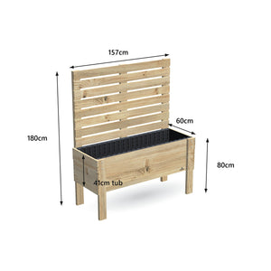 Large timber raised garden bed with 1.8m timber privacy screen, 157 x 60 x 80 cm, 41cm deep tub, dimensions labelled