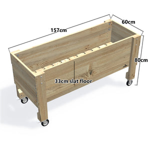 LARGE Raised Garden Bed on Wheels, 33cm (Slatted Base) — timber garden bed, dimensions labelled