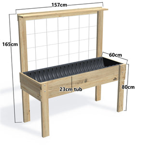 LARGE Raised Garden Bed with Trellis & Pot Shelf, Growing Mesh Trellis with Pot Shelf / 23cm — timber garden bed, dimensions labelled