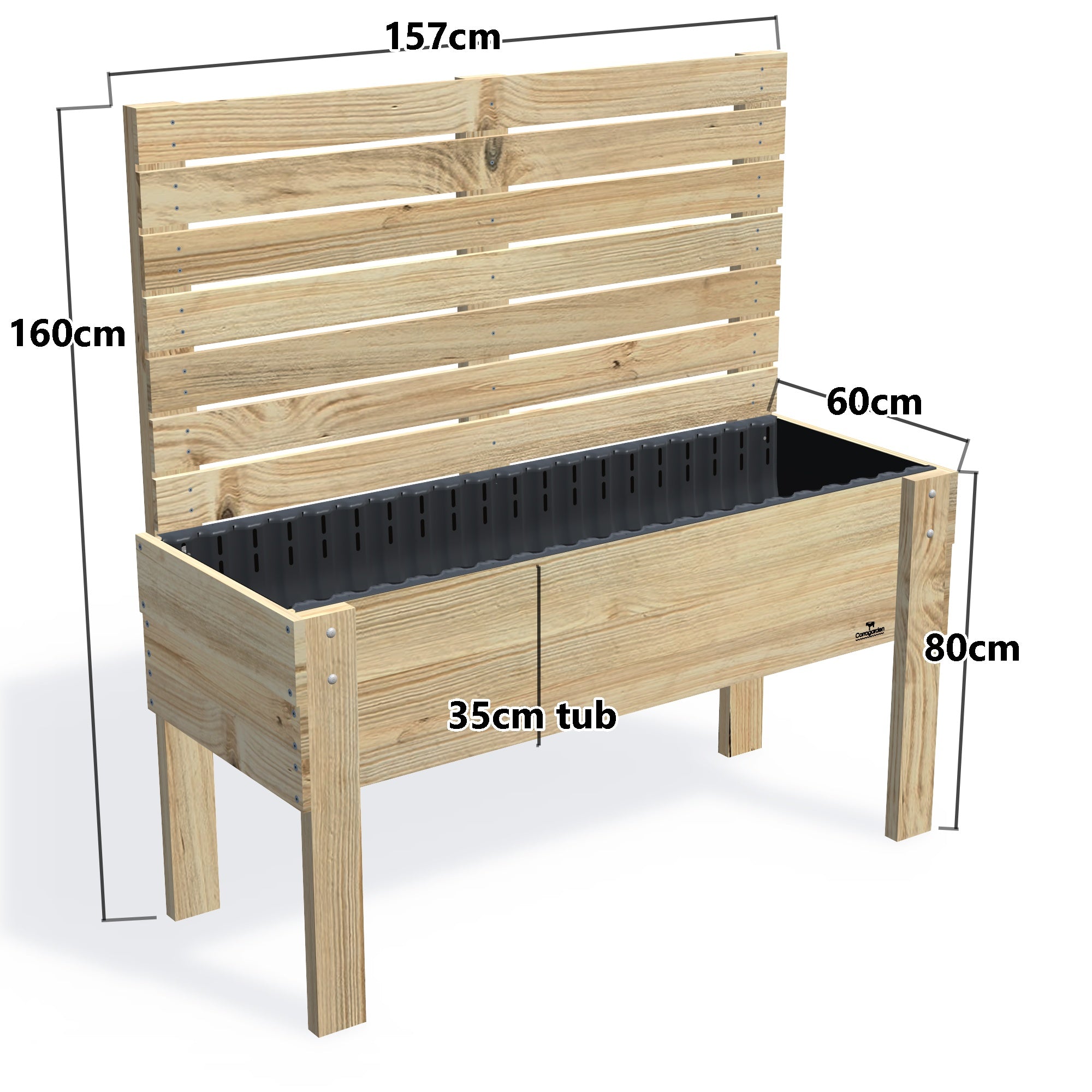 LARGE Raised Garden Bed with Trellis & Pot Shelf, Privacy Screen 1.6m / 35cm — timber garden bed, dimensions labelled