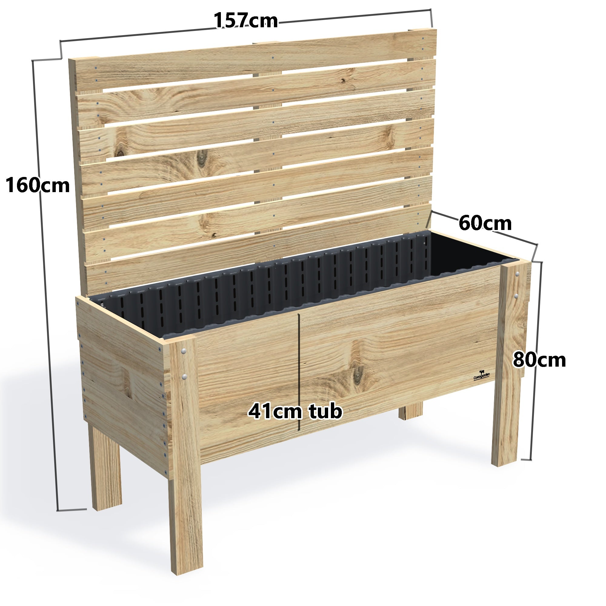 LARGE Raised Garden Bed with Trellis & Pot Shelf, Privacy Screen 1.6m / 41cm — timber garden bed, dimensions labelled