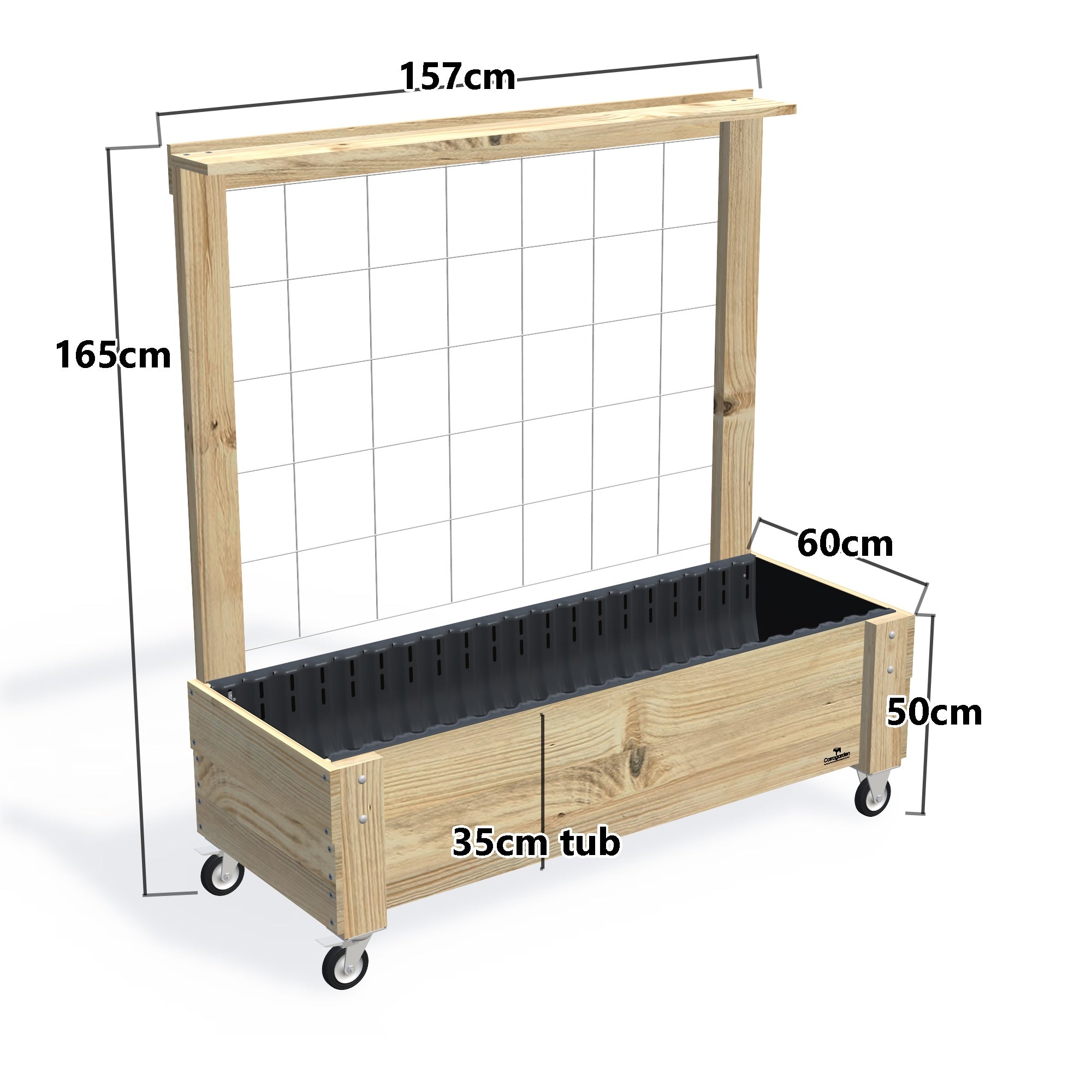 LARGE Planter Box with Trellis, Pot Shelf & Wheels, 35cm — timber garden bed, dimensions labelled