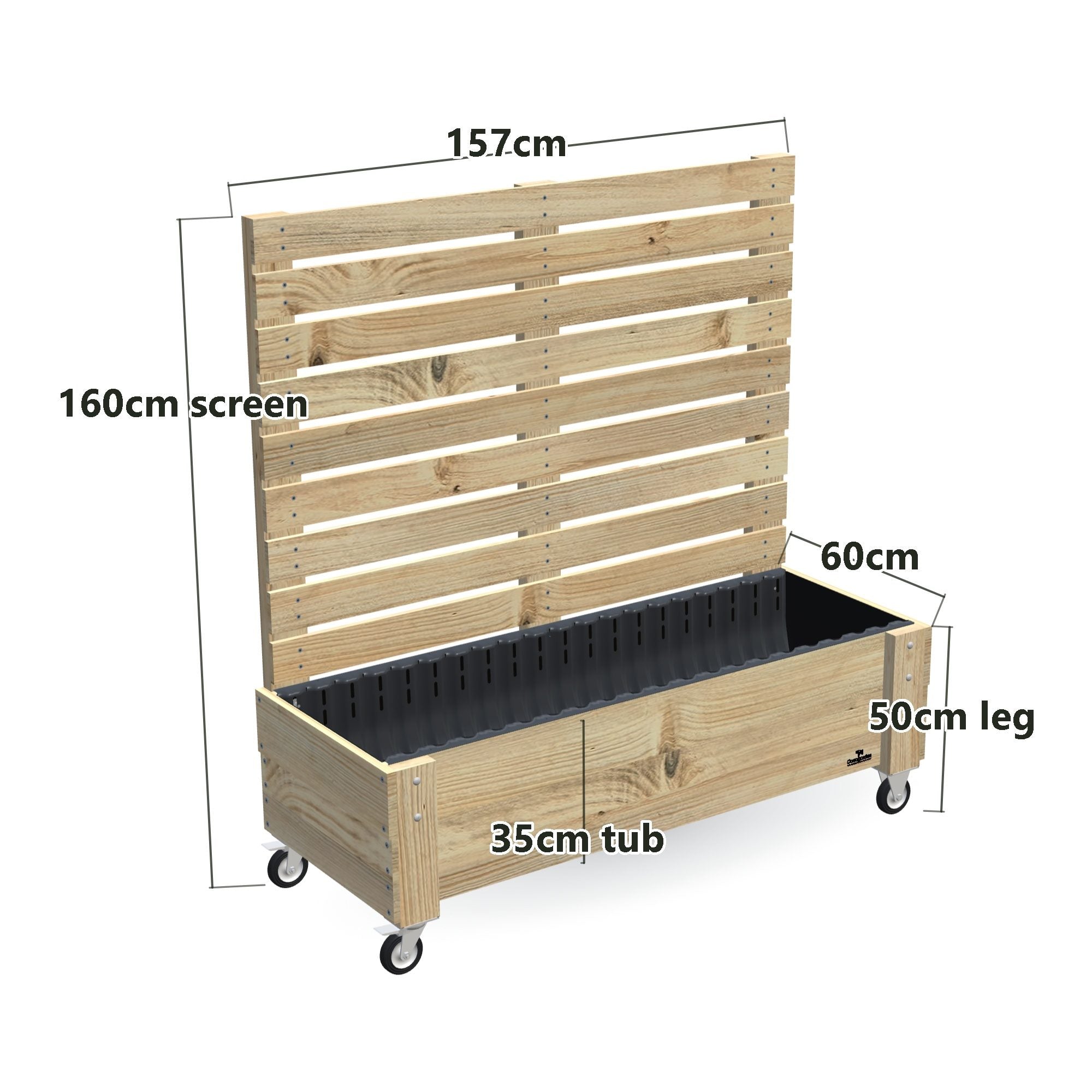 LARGE Planter Box with Trellis, Pot Shelf & Wheels, Privacy Screen 1.6m / 35cm — timber garden bed, dimensions labelled