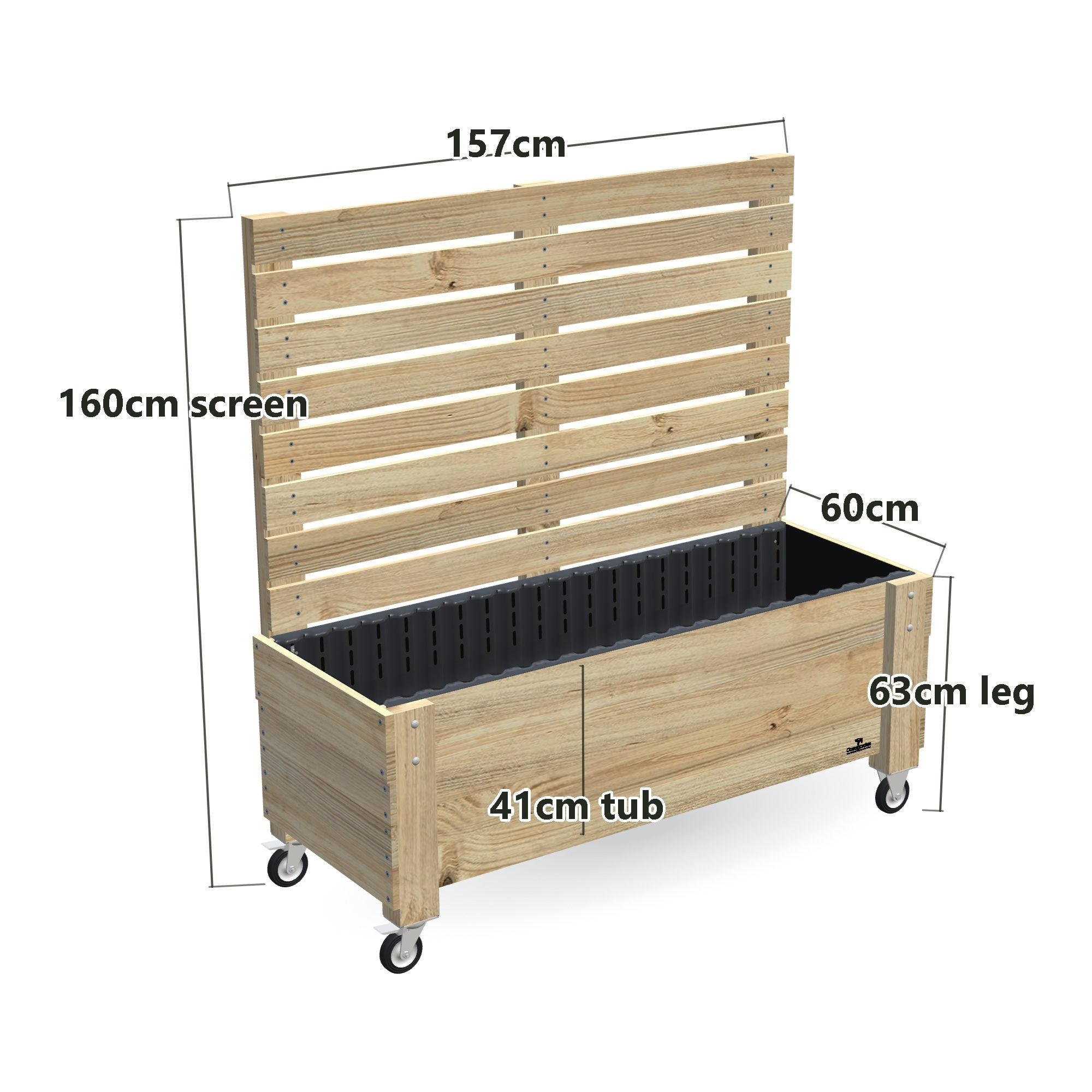 LARGE Planter Box with Trellis, Pot Shelf & Wheels, Privacy Screen 1.6m / 41cm — timber garden bed, dimensions labelled