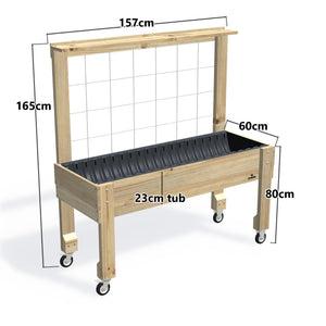 LARGE Raised Garden Bed with Trellis, Pot Shelf & Wheels, 23cm — timber garden bed, dimensions labelled