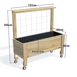 LARGE Raised Garden Bed with Trellis, Pot Shelf & Wheels, 41cm — timber garden bed, dimensions labelled