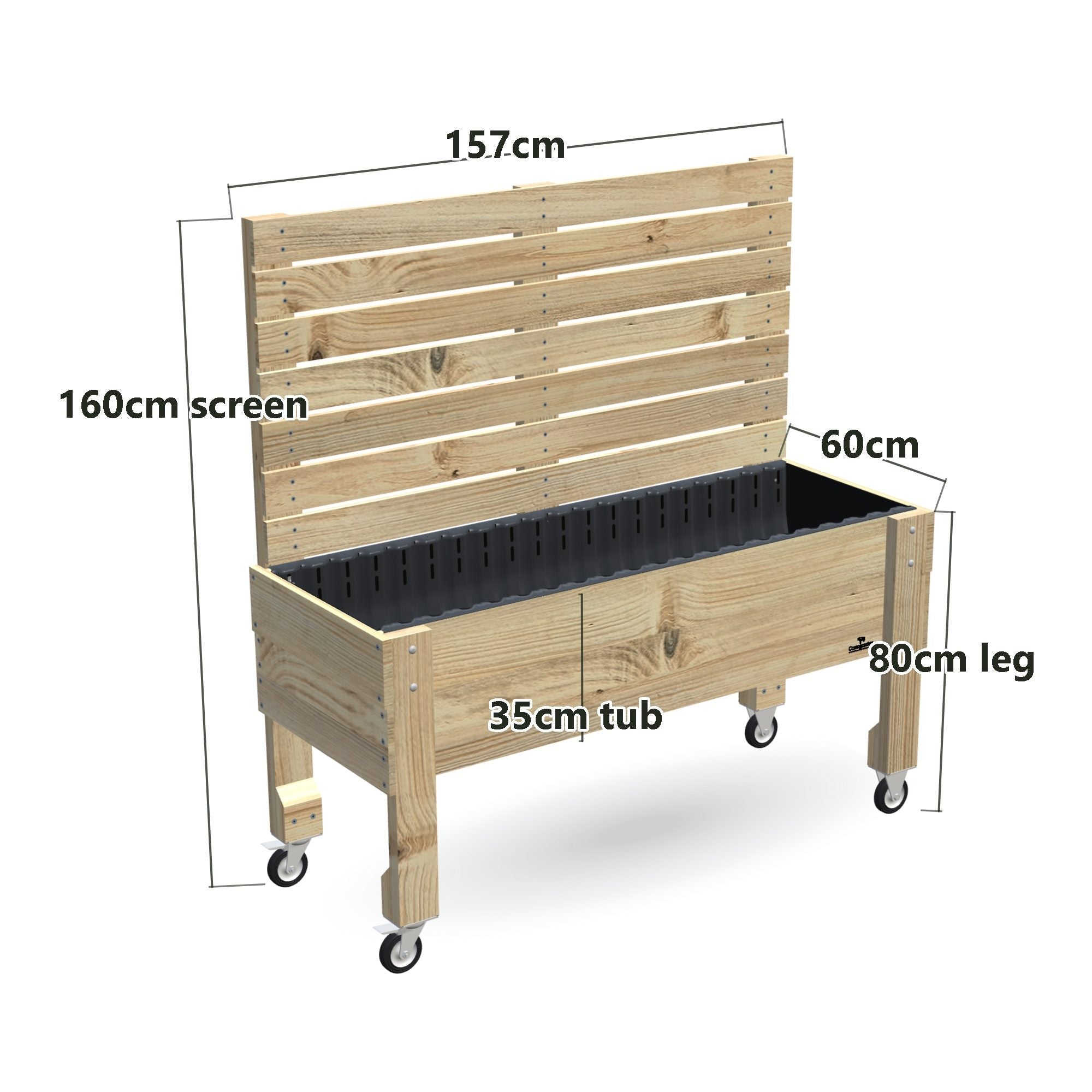LARGE Raised Garden Bed with Trellis, Pot Shelf & Wheels, Privacy Screen 1.6m / 35cm — timber garden bed, dimensions labelled