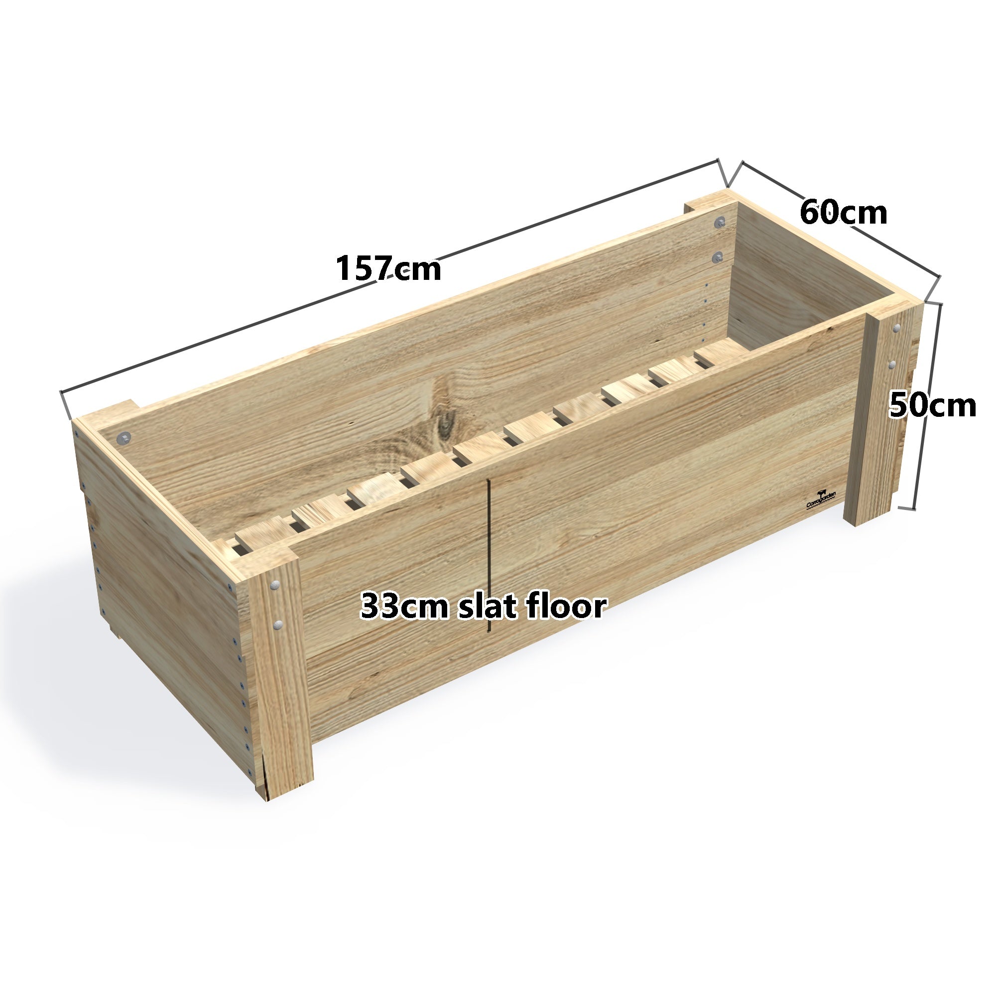 Large Slatted Raised Planter Box on Legs, 50cm high — timber planter boxe, dimensions labelled