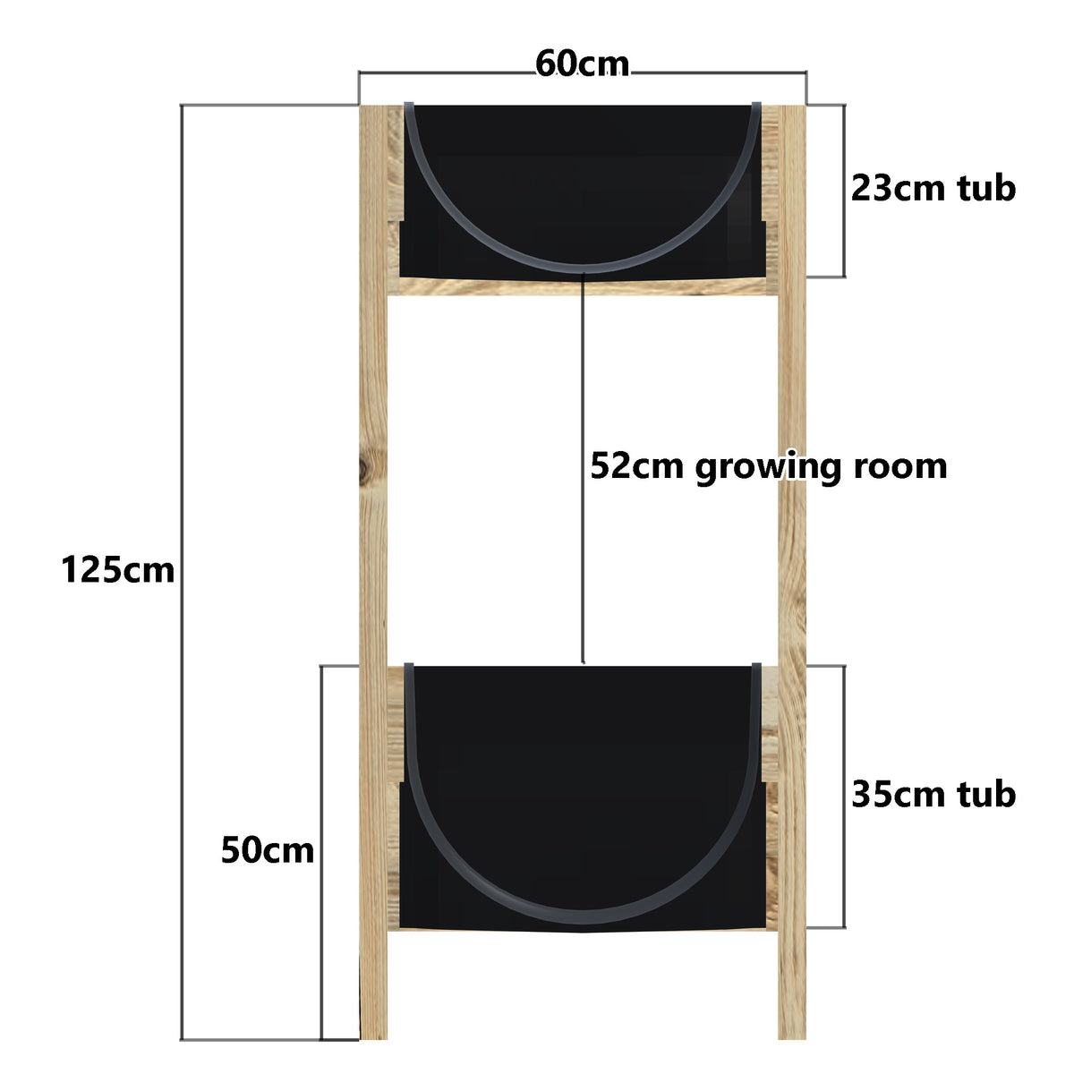 Two-Tier Vertical Garden Bed Kit, end-on section showing the 50cm and 125cm planting heights, the 35cm bottom and 23cm top tubs and 52cm of growing room between the tiers