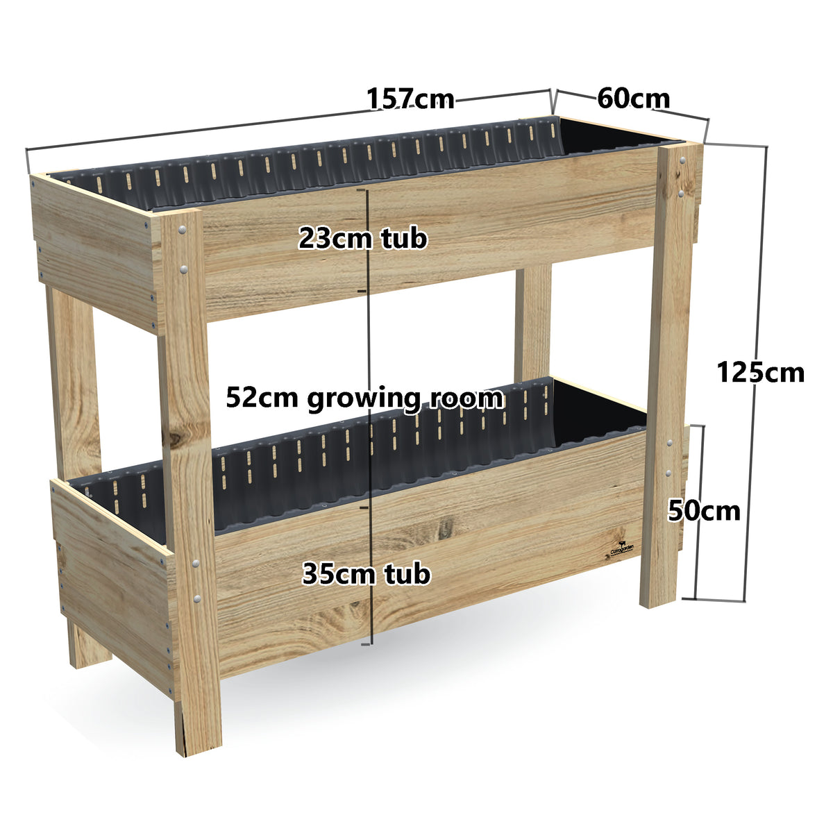 Two-Tier Vertical Garden Bed - space saving timber raised planter on legs, Large 157 x 60cm, 35cm bottom tub, 23cm top tub, 50cm and 125cm planting heights, 52cm growing room - 157 x 60 x 125cm, dimensions labelled