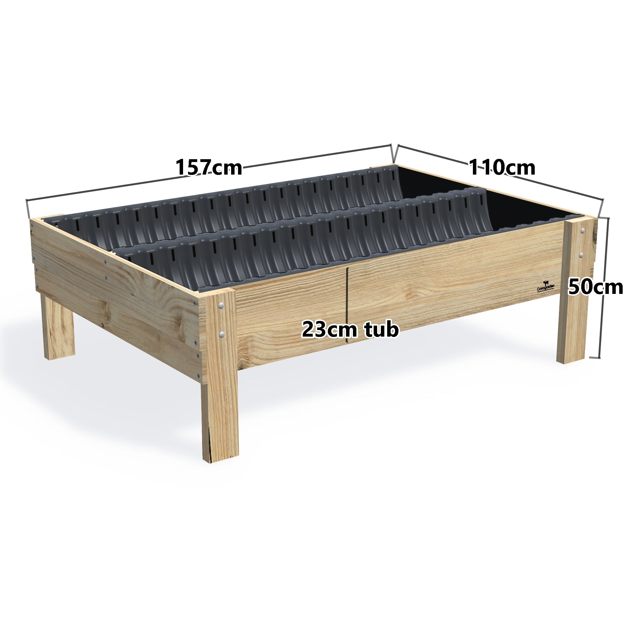 Wide Planter Boxes on Legs - 50cm high, 50cm high 23cm deep — timber garden bed, dimensions labelled