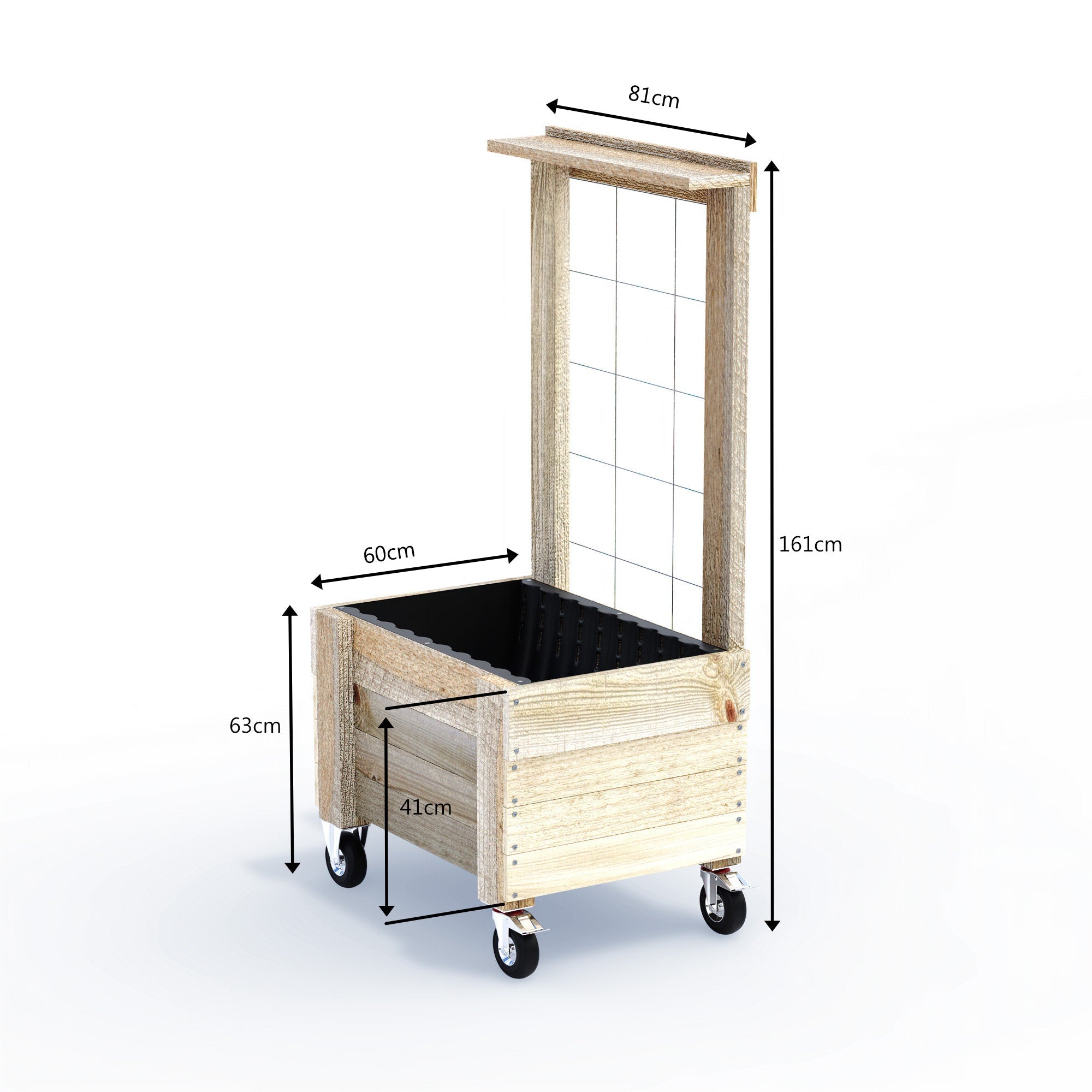 COMPACT Raised Garden Bed with Trellis, Pot Shelf & Wheels - Timber 81x60x50cm(h)