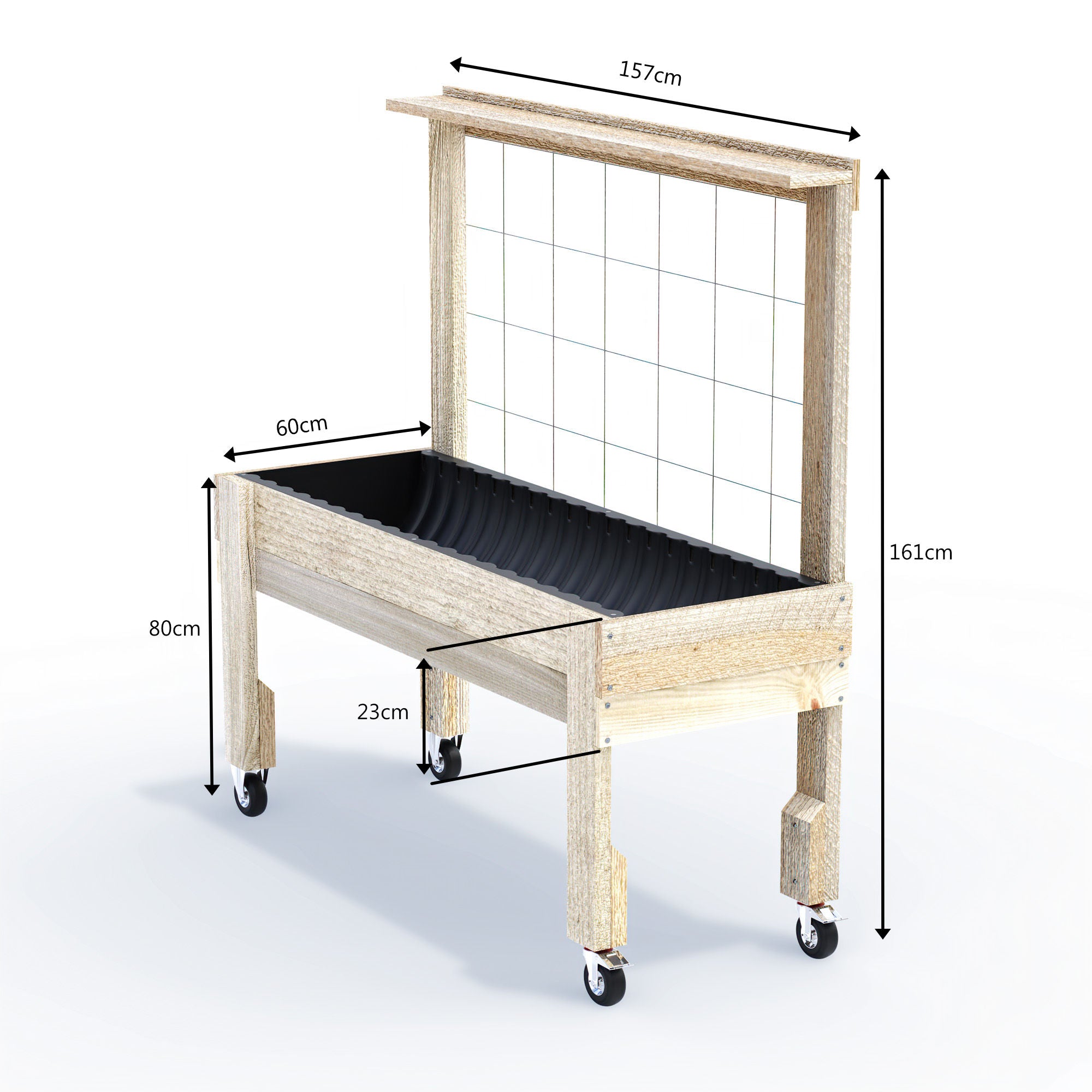 LARGE Raised Garden Bed with Trellis, Pot Shelf & Wheels Kit - Timber 157x60x80cm(h)