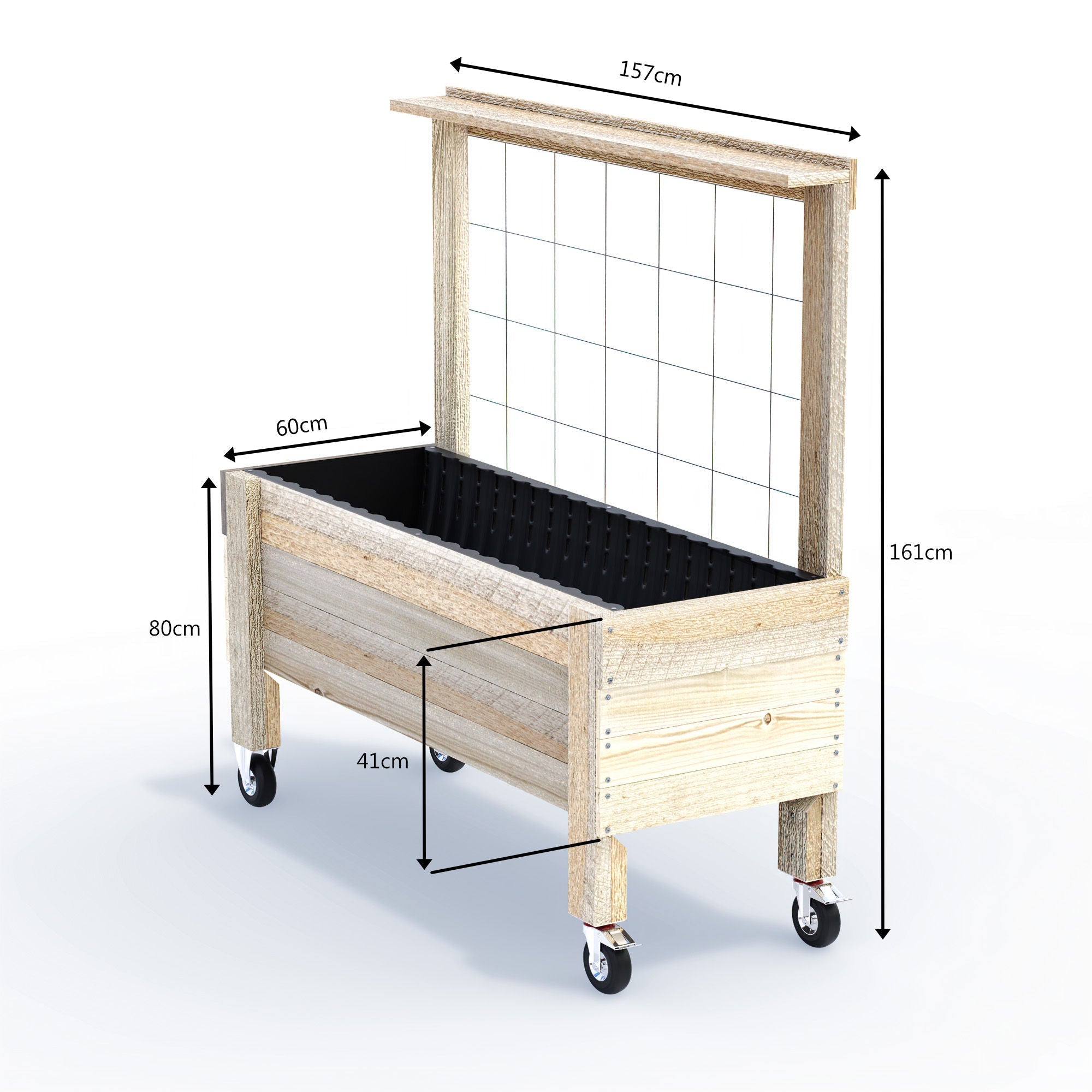 LARGE Raised Garden Bed with Trellis, Pot Shelf & Wheels Kit - Timber 157x60x80cm(h)