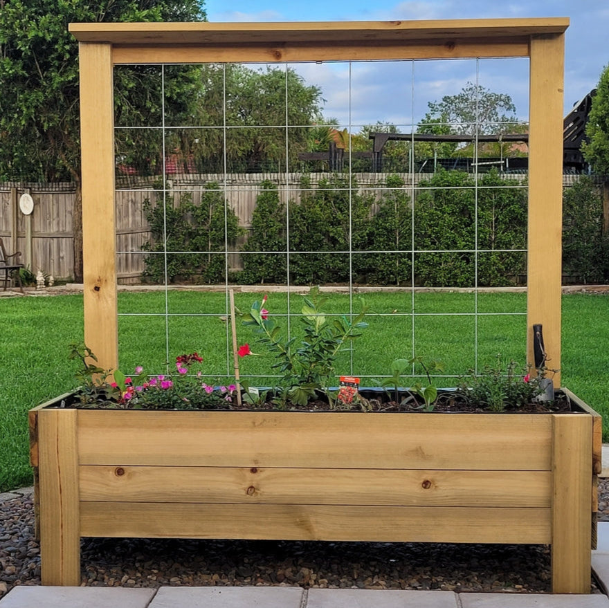 Timber raised garden beds on wheels, trellis