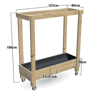 Large Planter Box with Grow Frame on Wheels - 50cm high, 23cm tub - 157 x 60 x 180cm, dimensions labelled