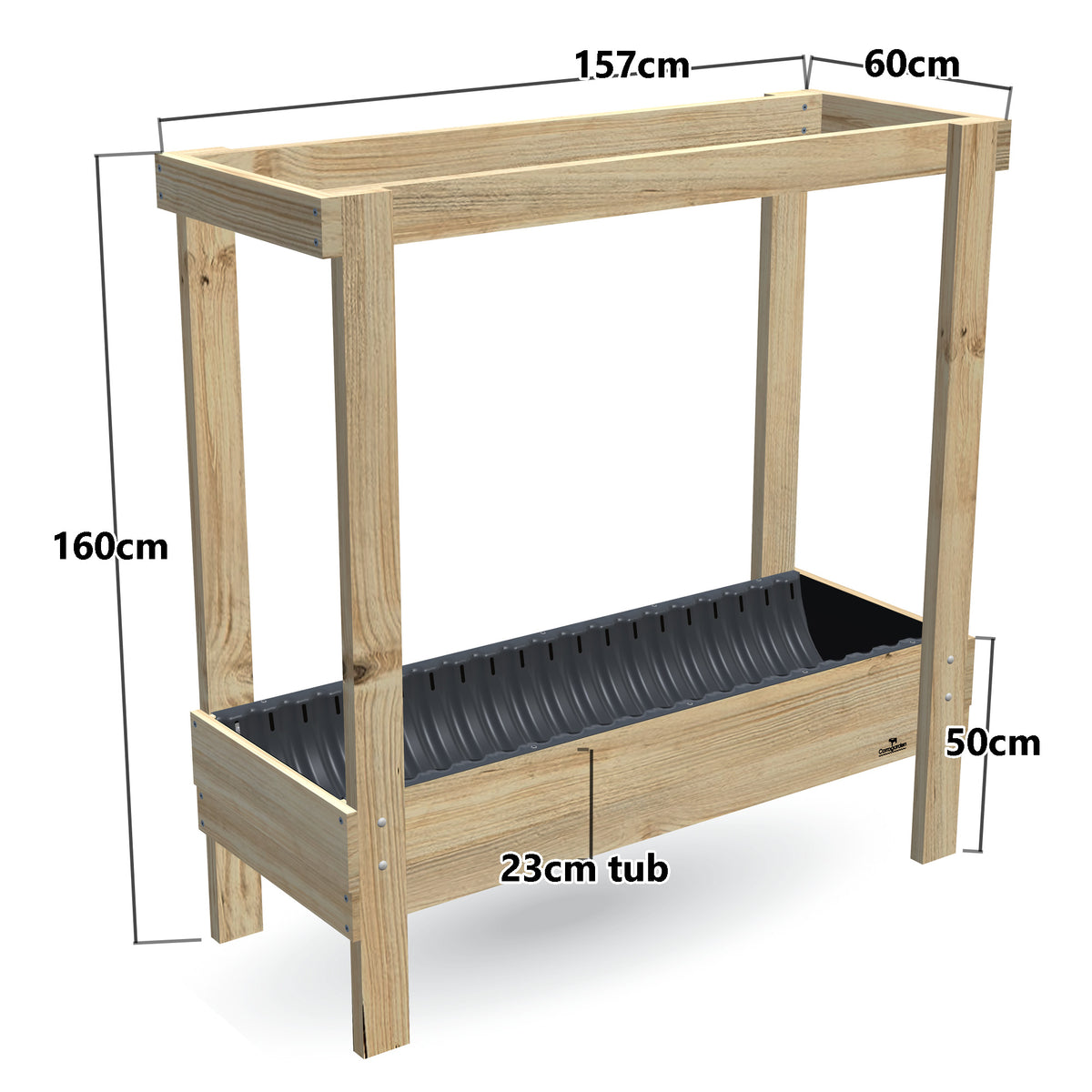 Large Planter Box with Grow Frame - 50cm high, 23cm tub - 157 x 60 x 160cm, dimensions labelled