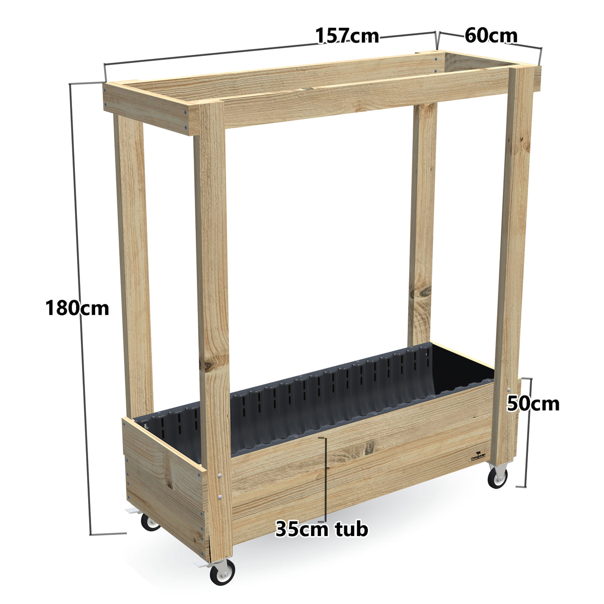 Large Planter Box with Grow Frame on Wheels - 50cm high, 35cm tub - 157 x 60 x 180cm, dimensions labelled