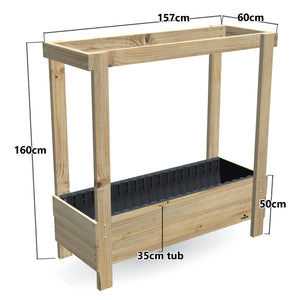 Large Planter Box with Grow Frame - 50cm high, 35cm tub - 157 x 60 x 160cm, dimensions labelled