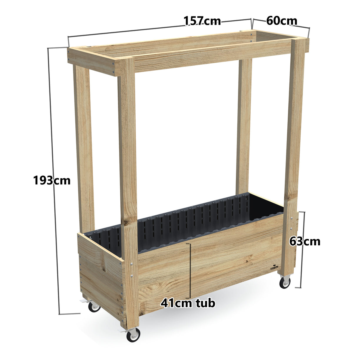 Large Planter Box with Grow Frame on Wheels - 50cm high, 41cm tub - 157 x 60 x 180cm, dimensions labelled