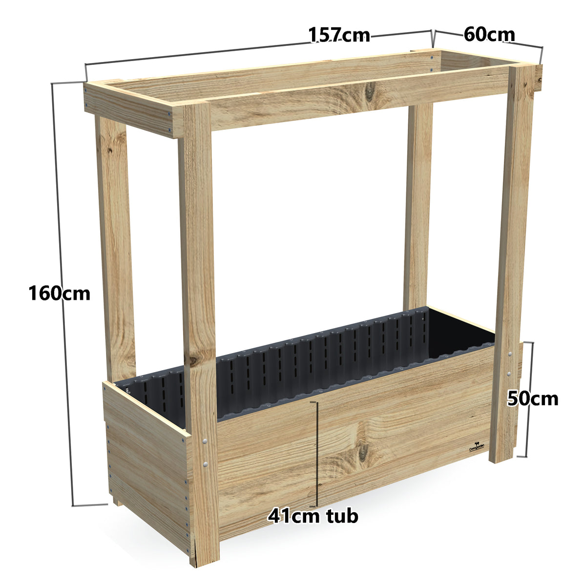 Large Planter Box with Grow Frame - 50cm high, 41cm tub - 157 x 60 x 160cm, dimensions labelled