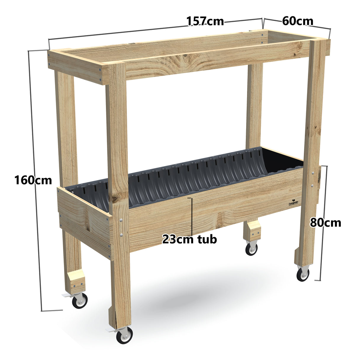 Large Raised Garden Bed with Grow Frame on Wheels - 80cm high, 23cm tub - 157 x 60 x 160cm, dimensions labelled